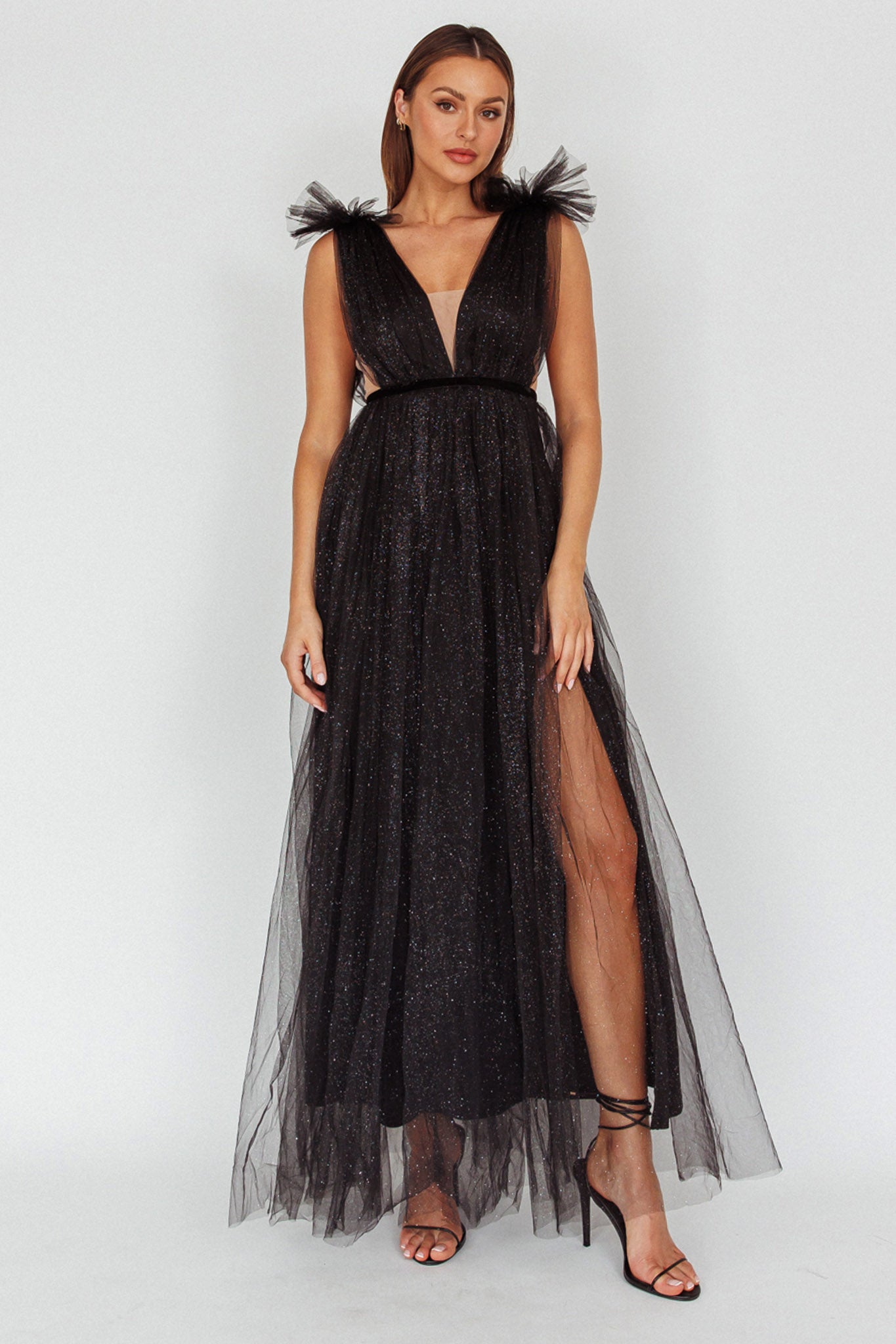 Ludivine Shoulder Accent Mesh Midi Dress Glitter Black by Selfie Leslie Australia