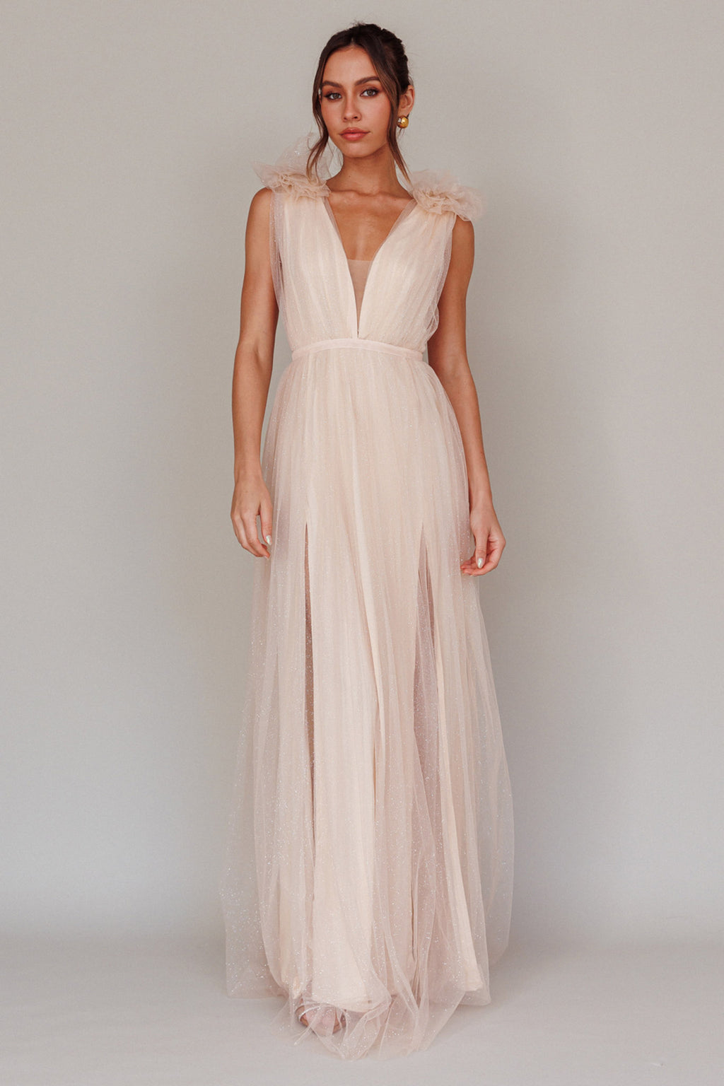 Ludivine Shoulder Accent Mesh Midi Dress Glitter Champagne by Selfie Leslie Australia