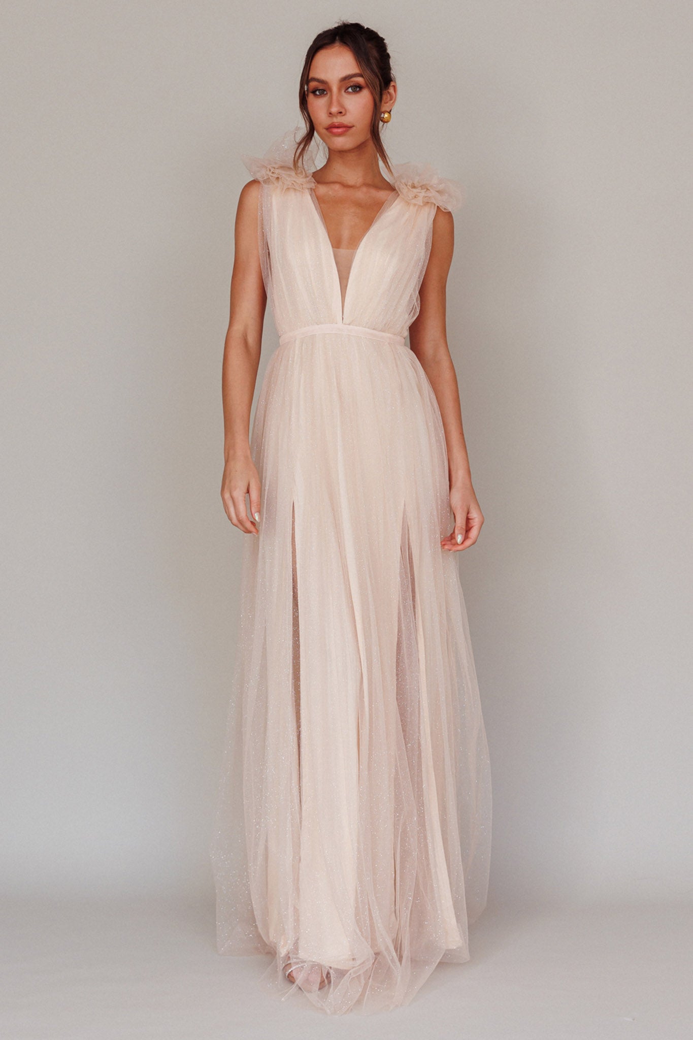 Ludivine Shoulder Accent Mesh Midi Dress Glitter Champagne by Selfie Leslie Australia
