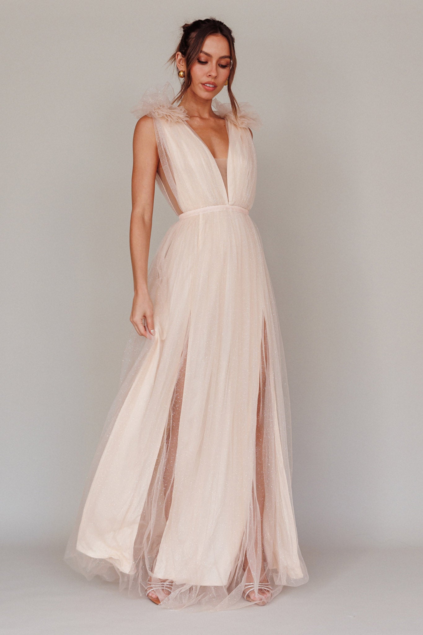 Ludivine Shoulder Accent Mesh Midi Dress Glitter Champagne by Selfie Leslie Australia