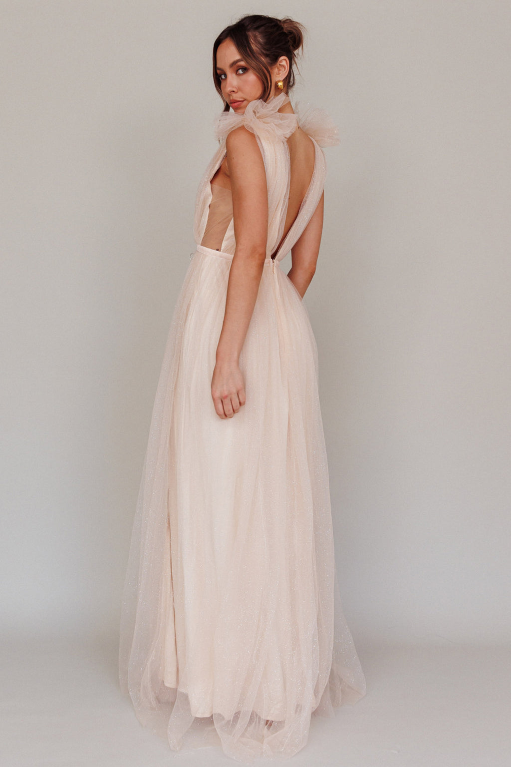Ludivine Shoulder Accent Mesh Midi Dress Glitter Champagne by Selfie Leslie Australia
