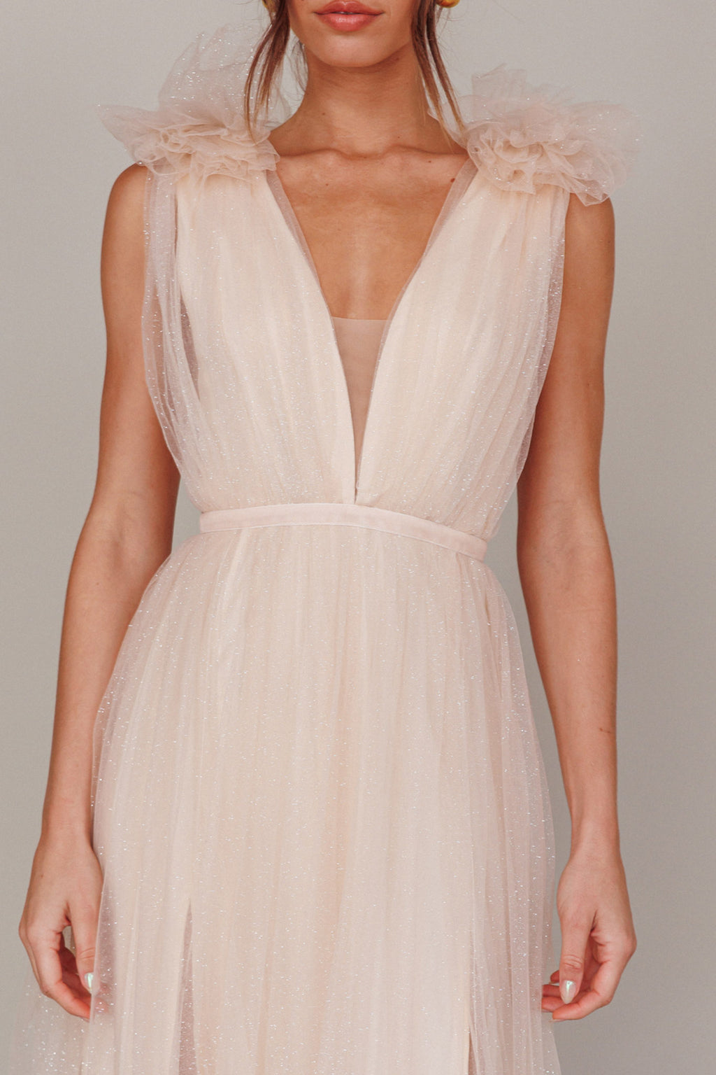 Ludivine Shoulder Accent Mesh Midi Dress Glitter Champagne by Selfie Leslie Australia