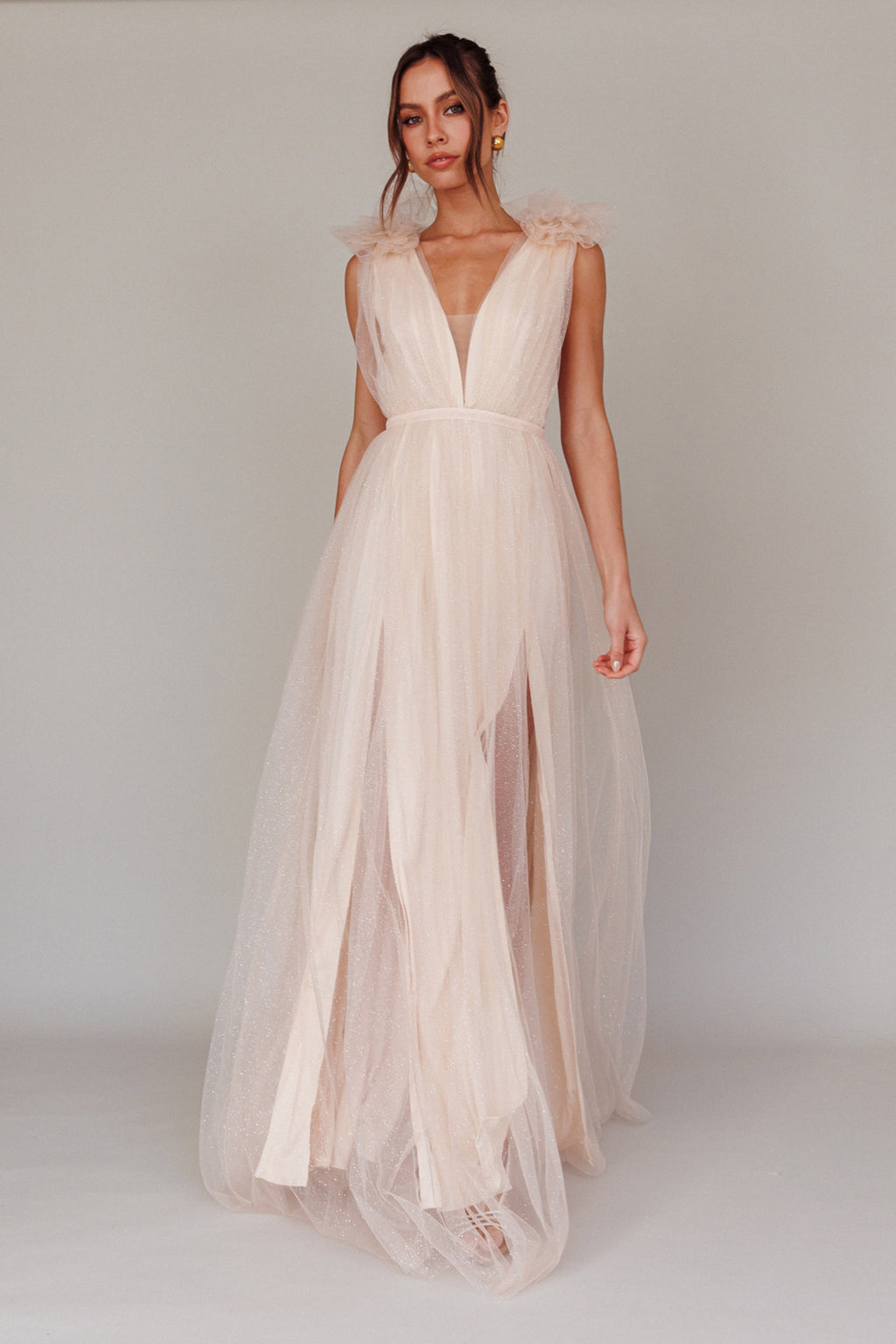Ludivine Shoulder Accent Mesh Midi Dress Glitter Champagne by Selfie Leslie Australia