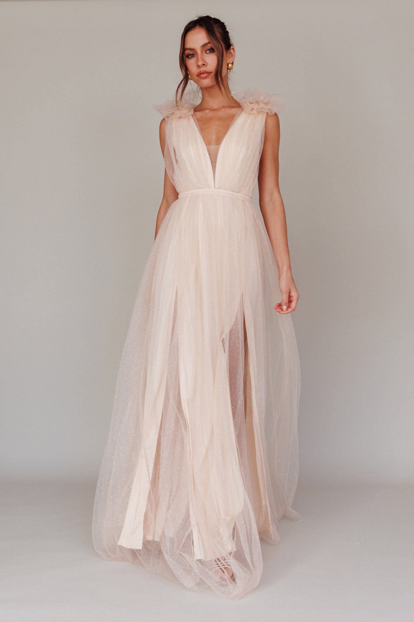 Ludivine Shoulder Accent Mesh Midi Dress Glitter Champagne by Selfie Leslie Australia