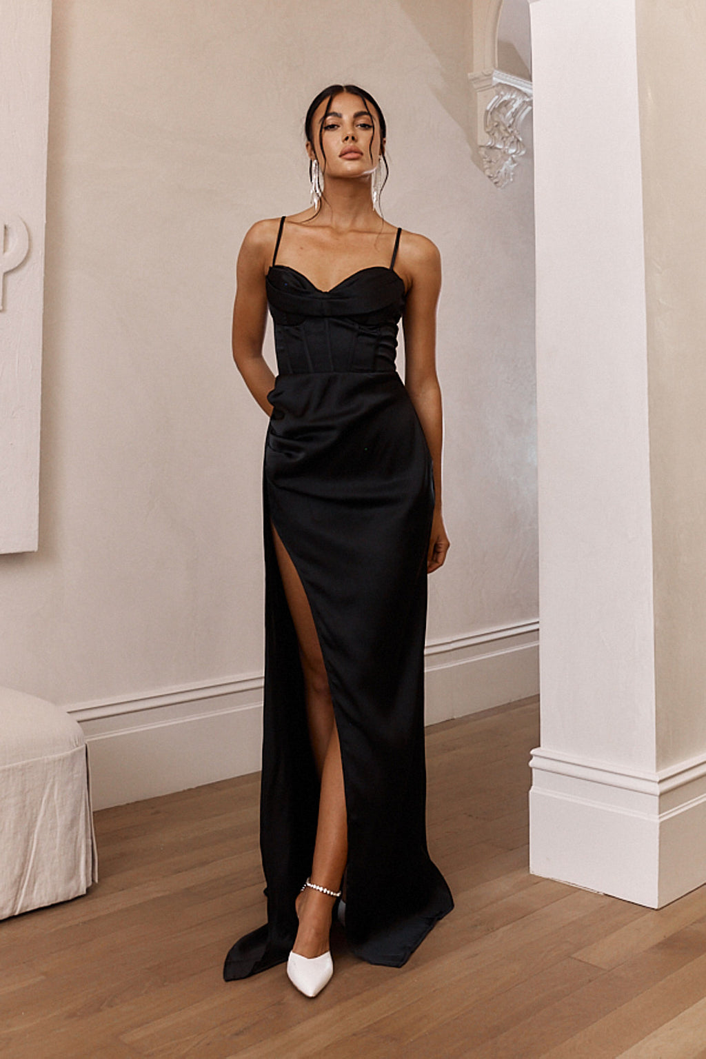 Secret Sweetheart Neckline Split Maxi Dress Black by Selfie Leslie Australia