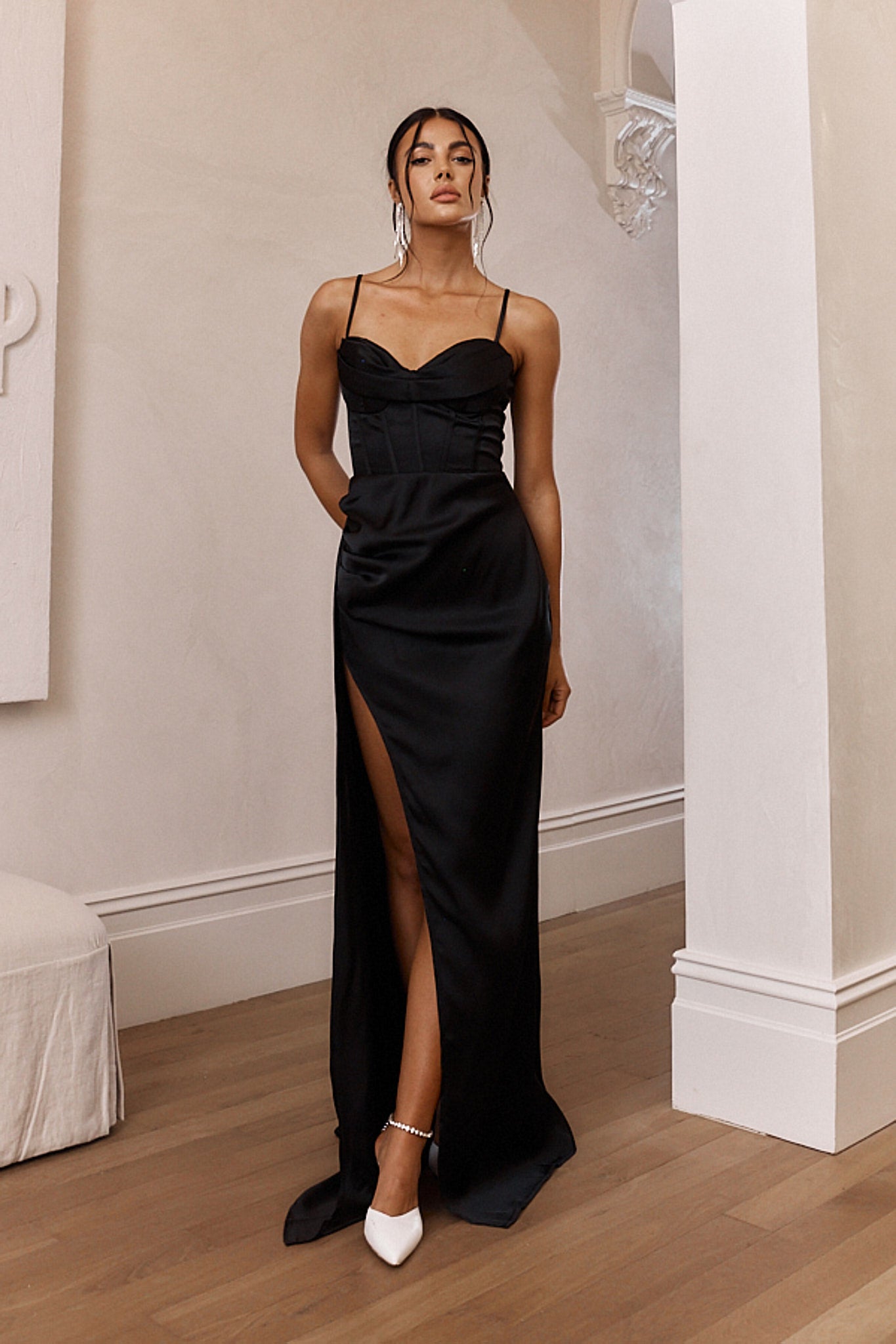 Secret Sweetheart Neckline Split Maxi Dress Black by Selfie Leslie Australia