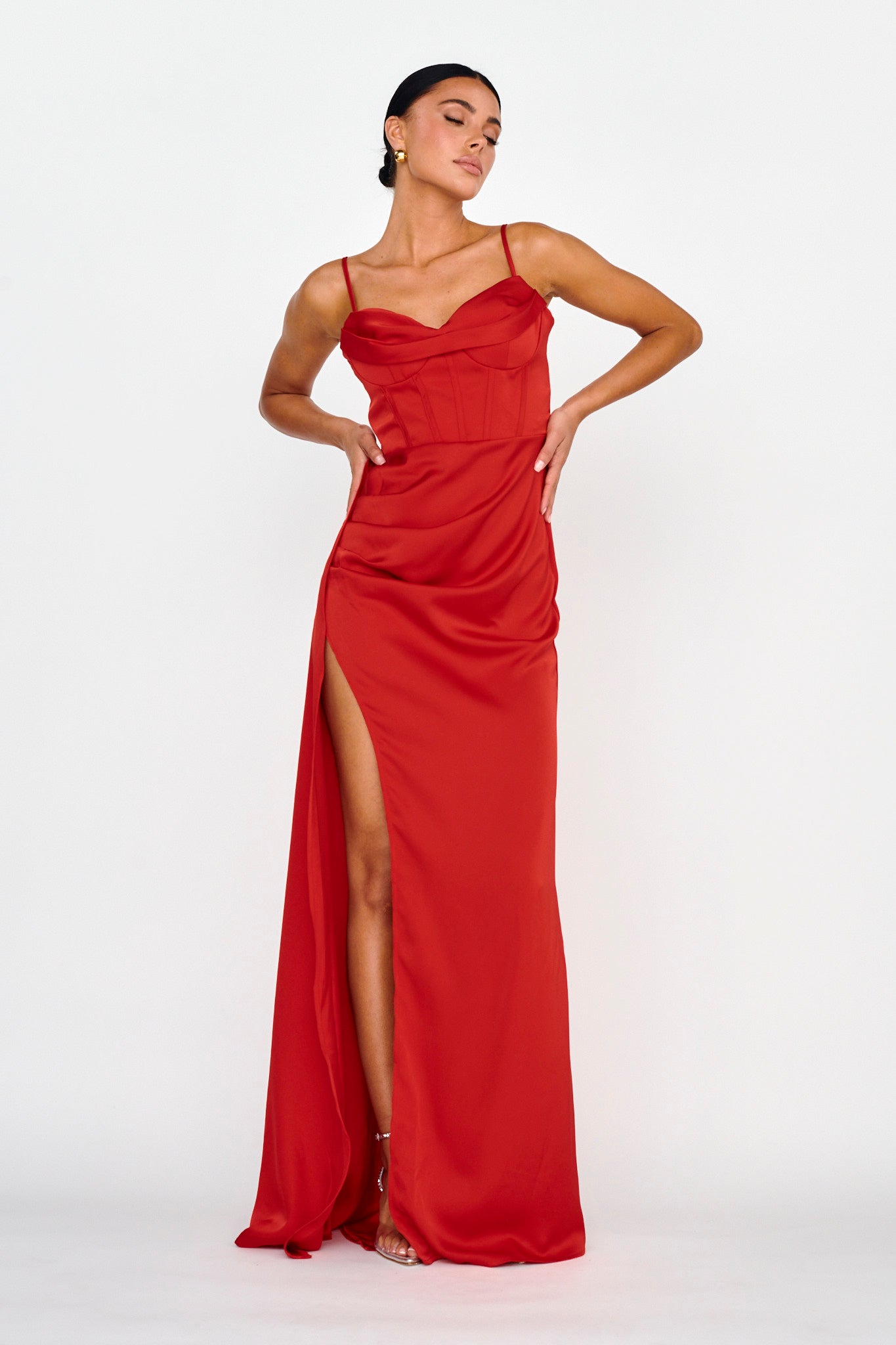 Secret Sweetheart Neckline Split Maxi Dress Red by Selfie Leslie Australia