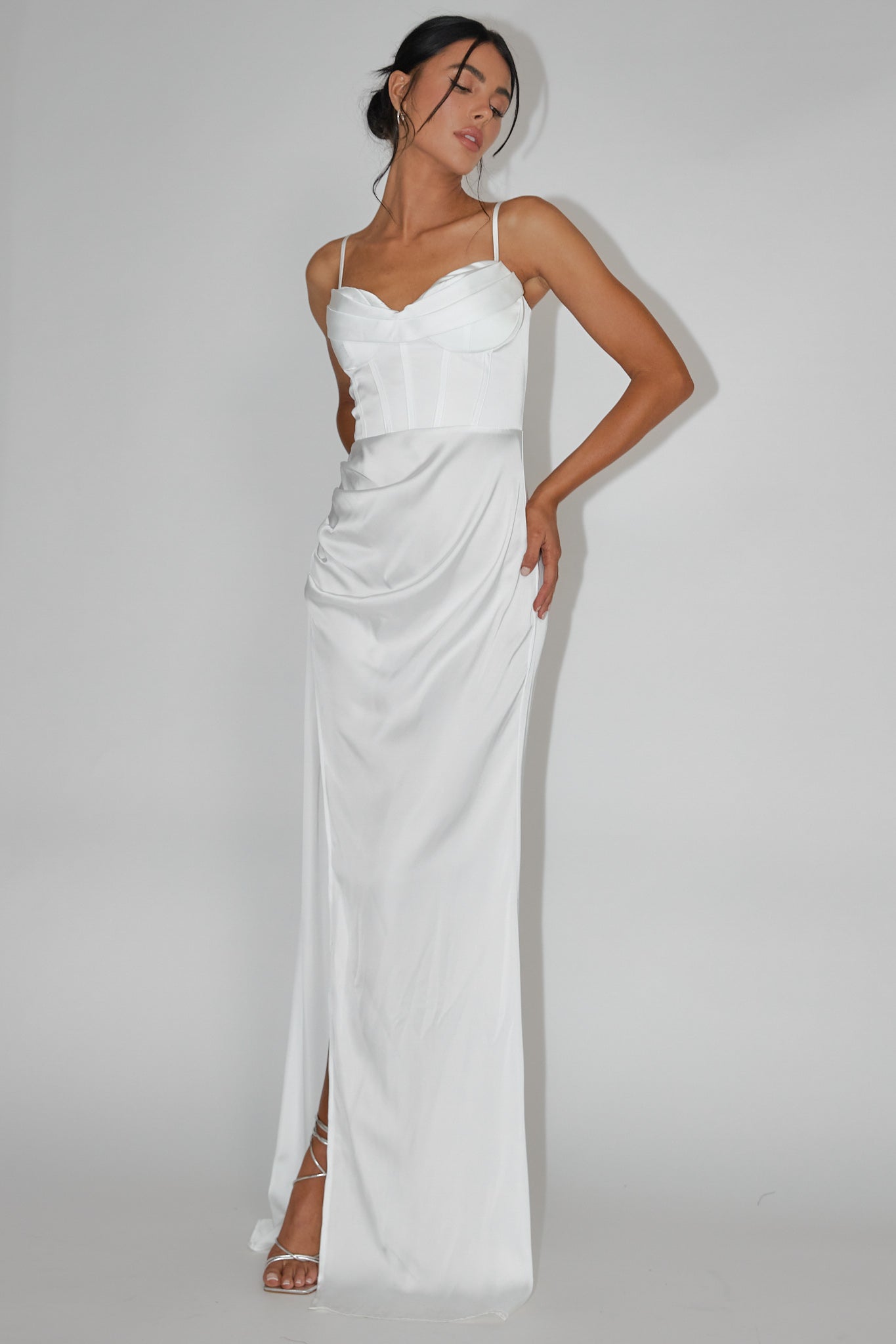 Secret Sweetheart Neckline Split Maxi Dress White by Selfie Leslie Australia