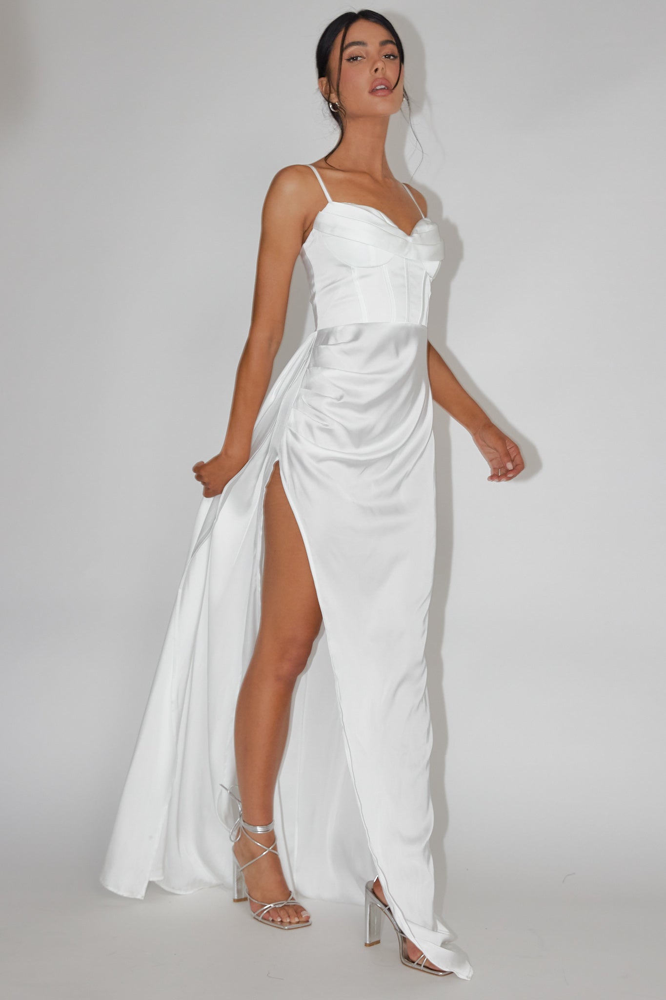 Secret Sweetheart Neckline Split Maxi Dress White by Selfie Leslie Australia