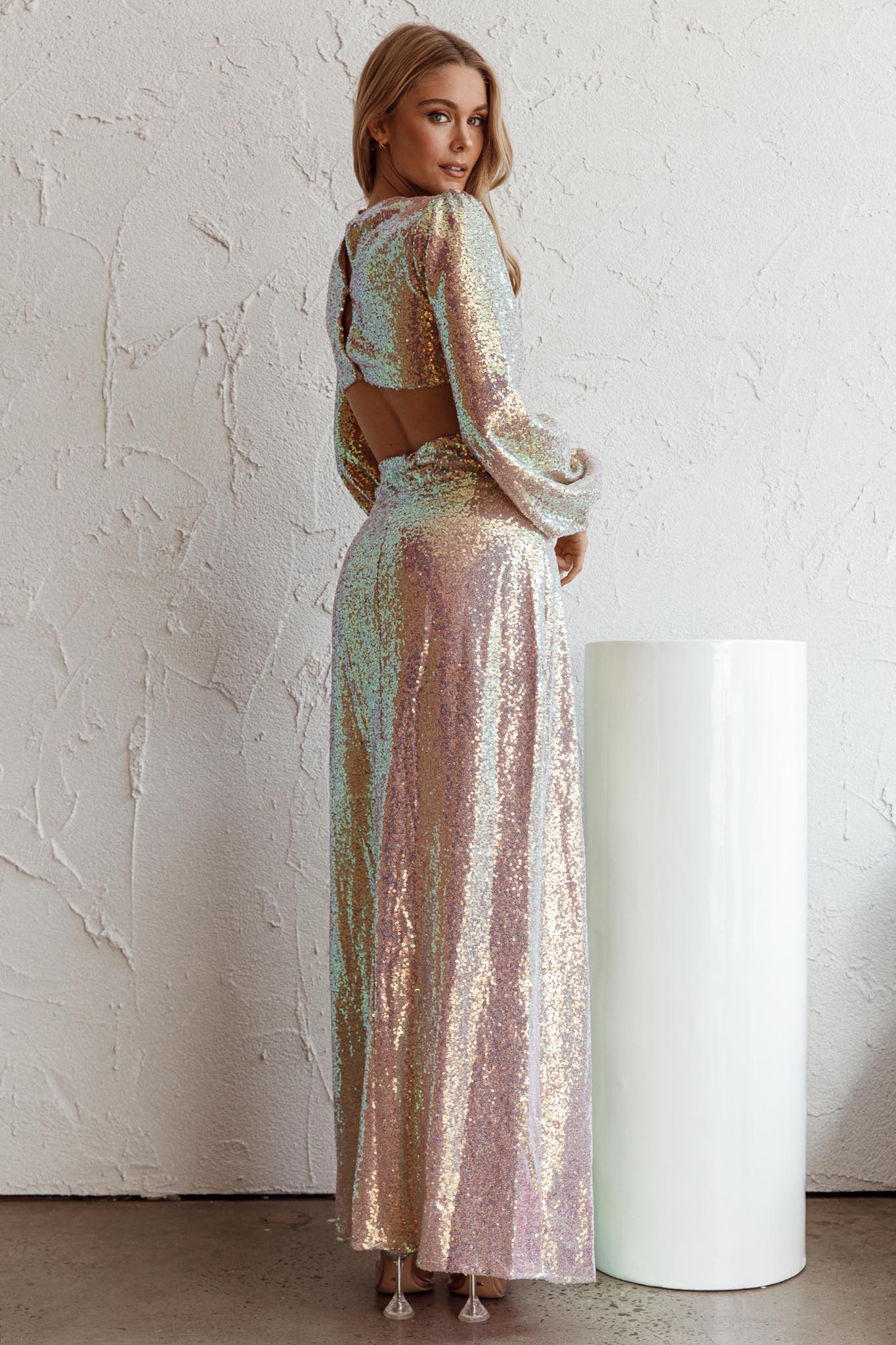 Inna Long Sleeve Cut-Out Maxi Dress Sequin Rose Gold by Selfie Leslie Australia