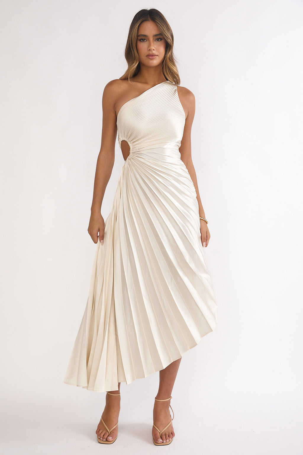 Brooklynn One-Shoulder Accordion Pleat Dress Champagne by Selfie Leslie Australia