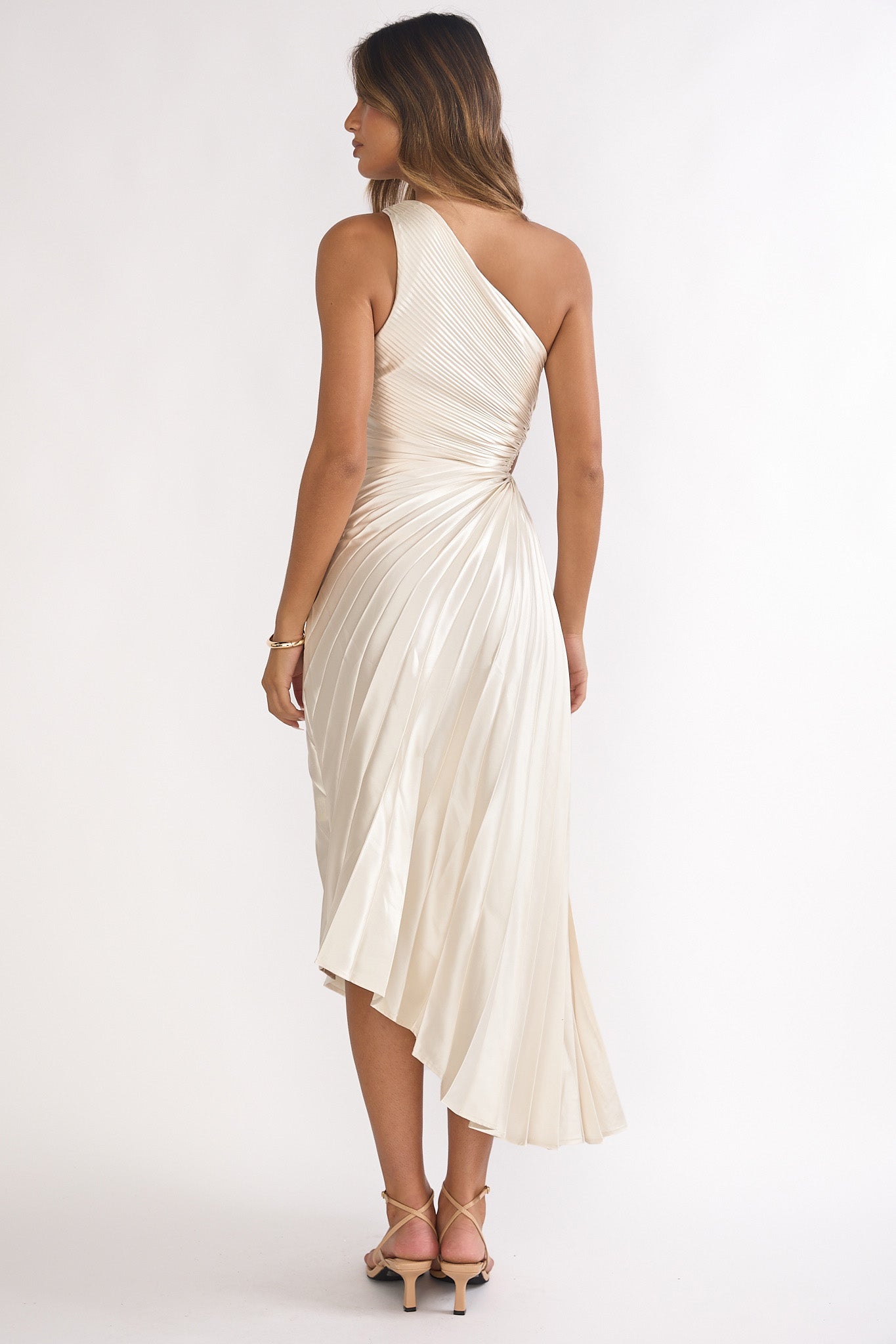 Brooklynn One-Shoulder Accordion Pleat Dress Champagne by Selfie Leslie Australia