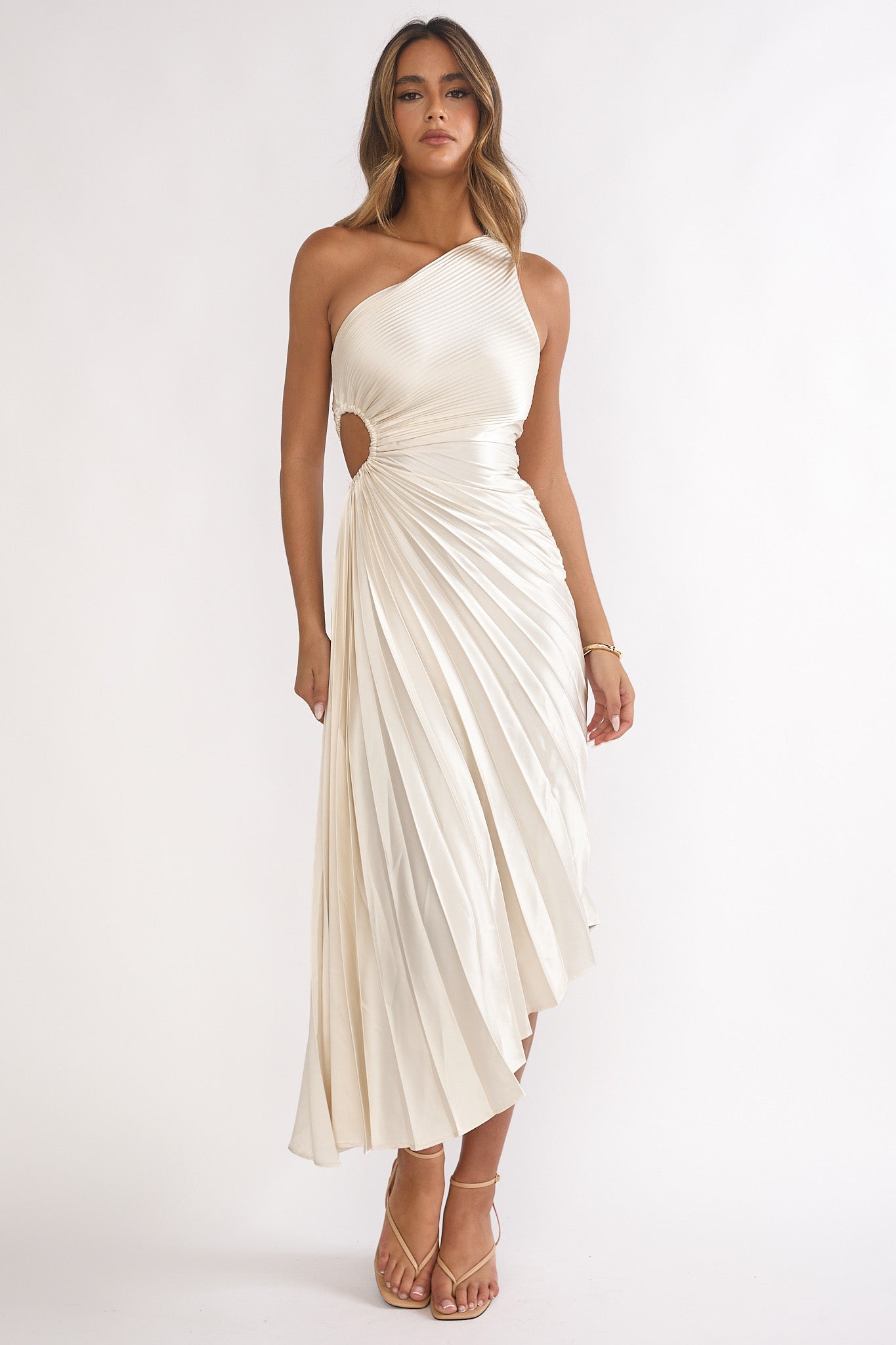 Brooklynn One-Shoulder Accordion Pleat Dress Champagne by Selfie Leslie Australia
