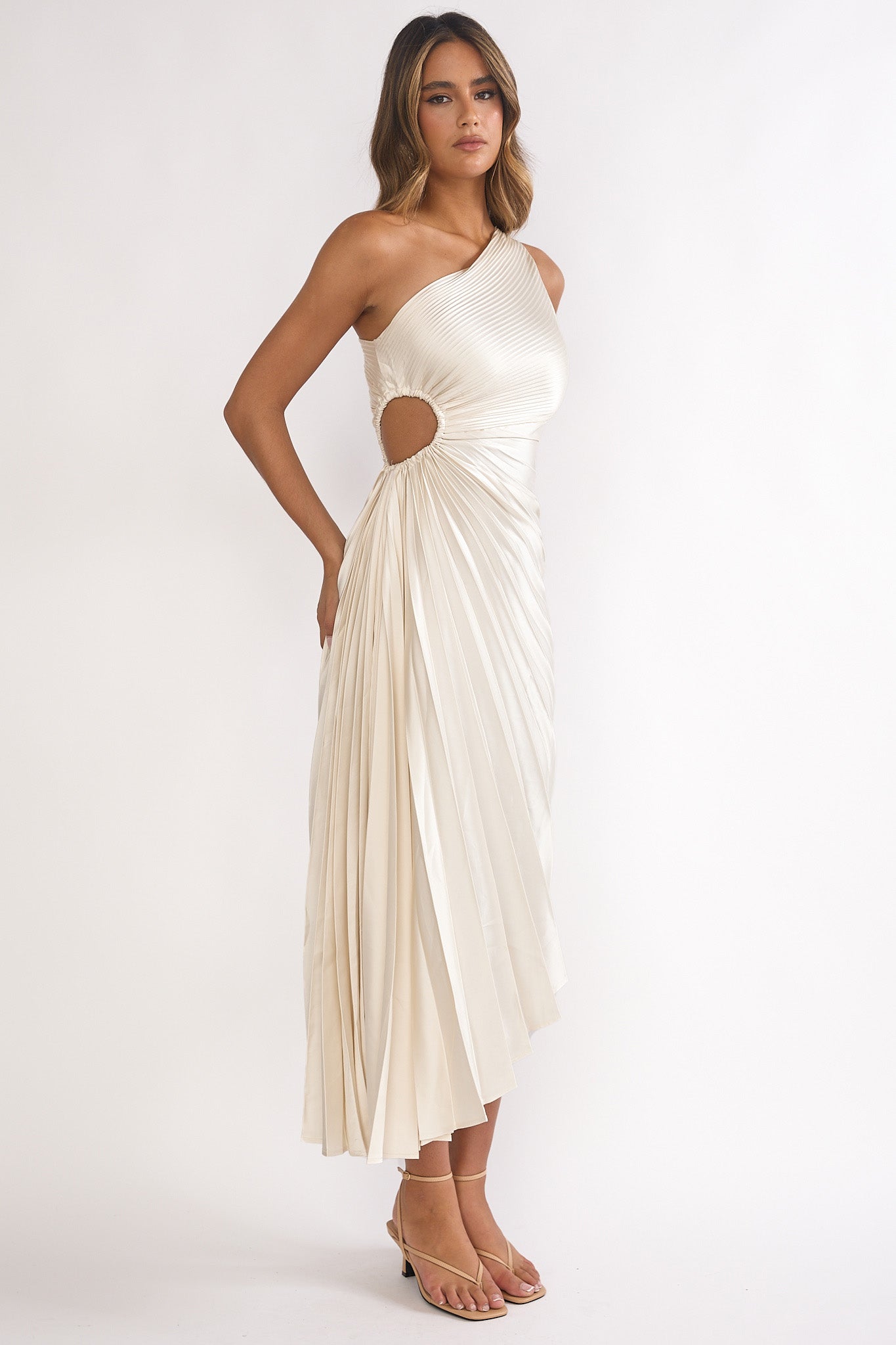 Brooklynn One-Shoulder Accordion Pleat Dress Champagne by Selfie Leslie Australia