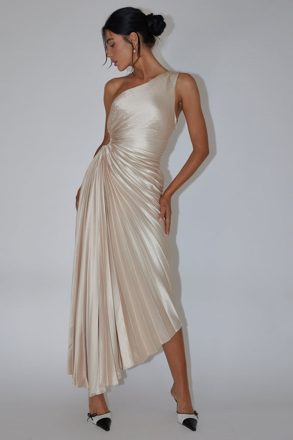 Flutters Off-Shoulder Accordion Pleat Dress Sage