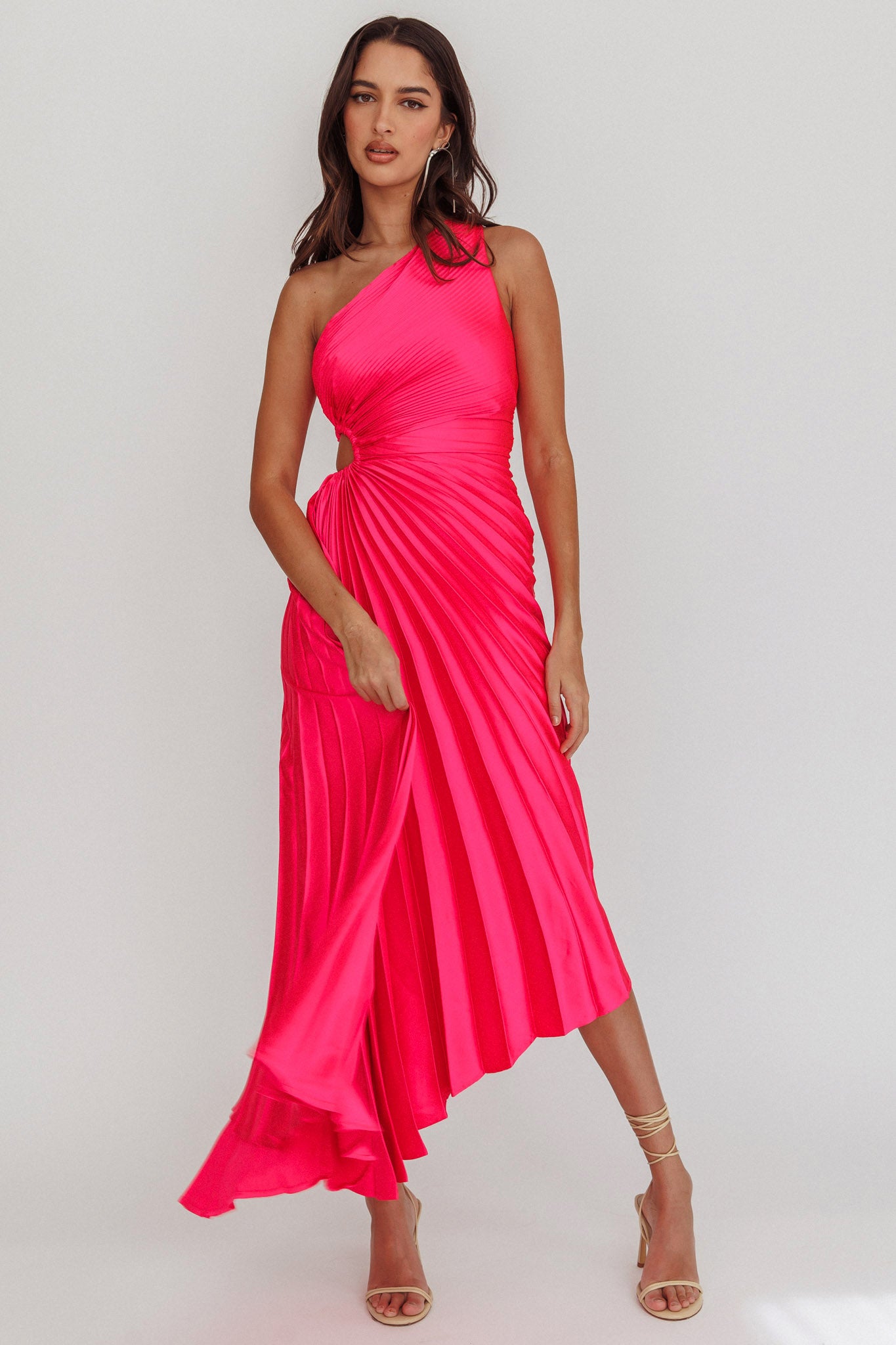 Shop the Brooklynn One-Shoulder Accordion Pleat Satin Midi Dress
