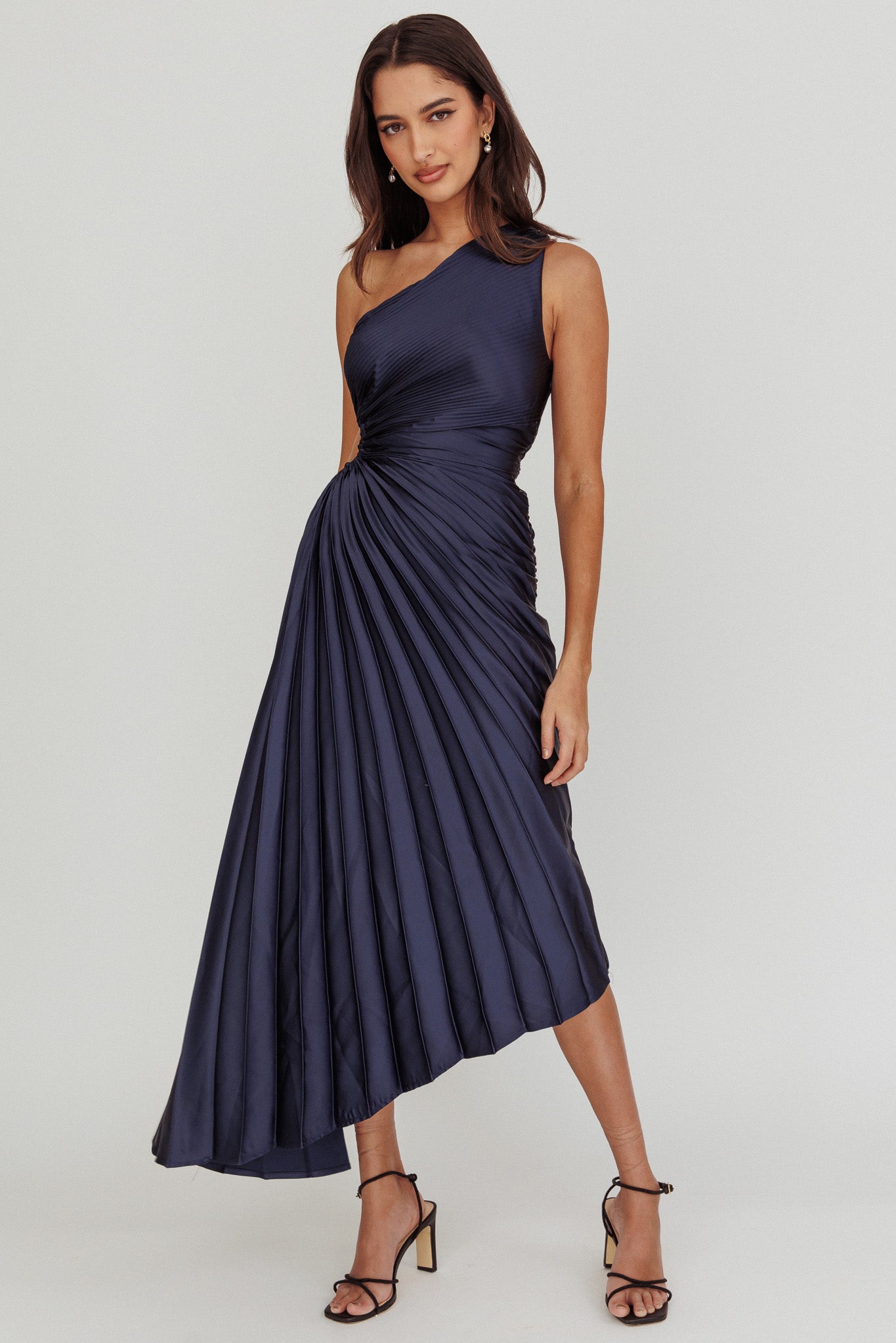 Brooklynn One-Shoulder Accordion Pleat Midi Dress Navy by Selfie Leslie Australia