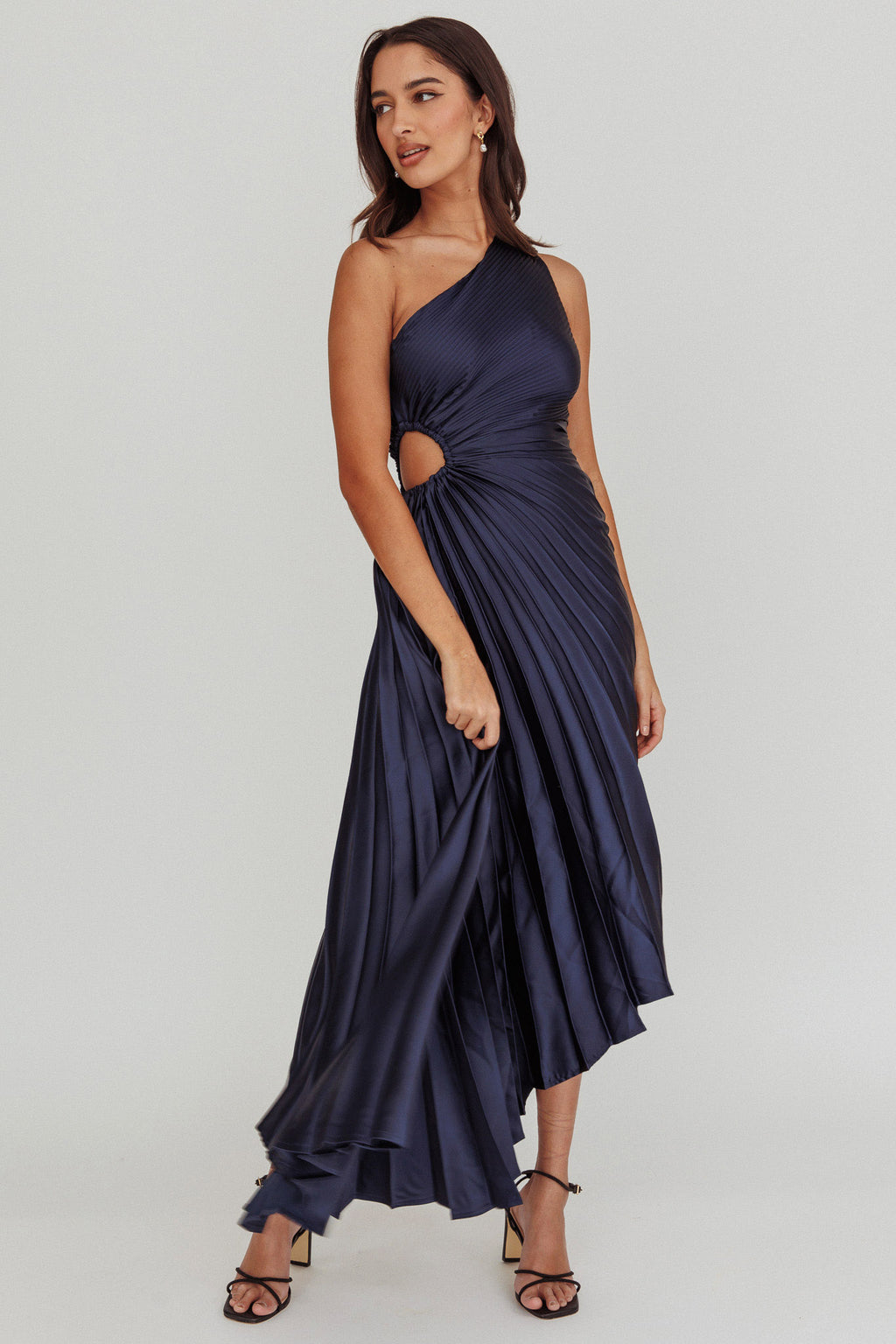 Brooklynn One-Shoulder Accordion Pleat Midi Dress Navy by Selfie Leslie Australia