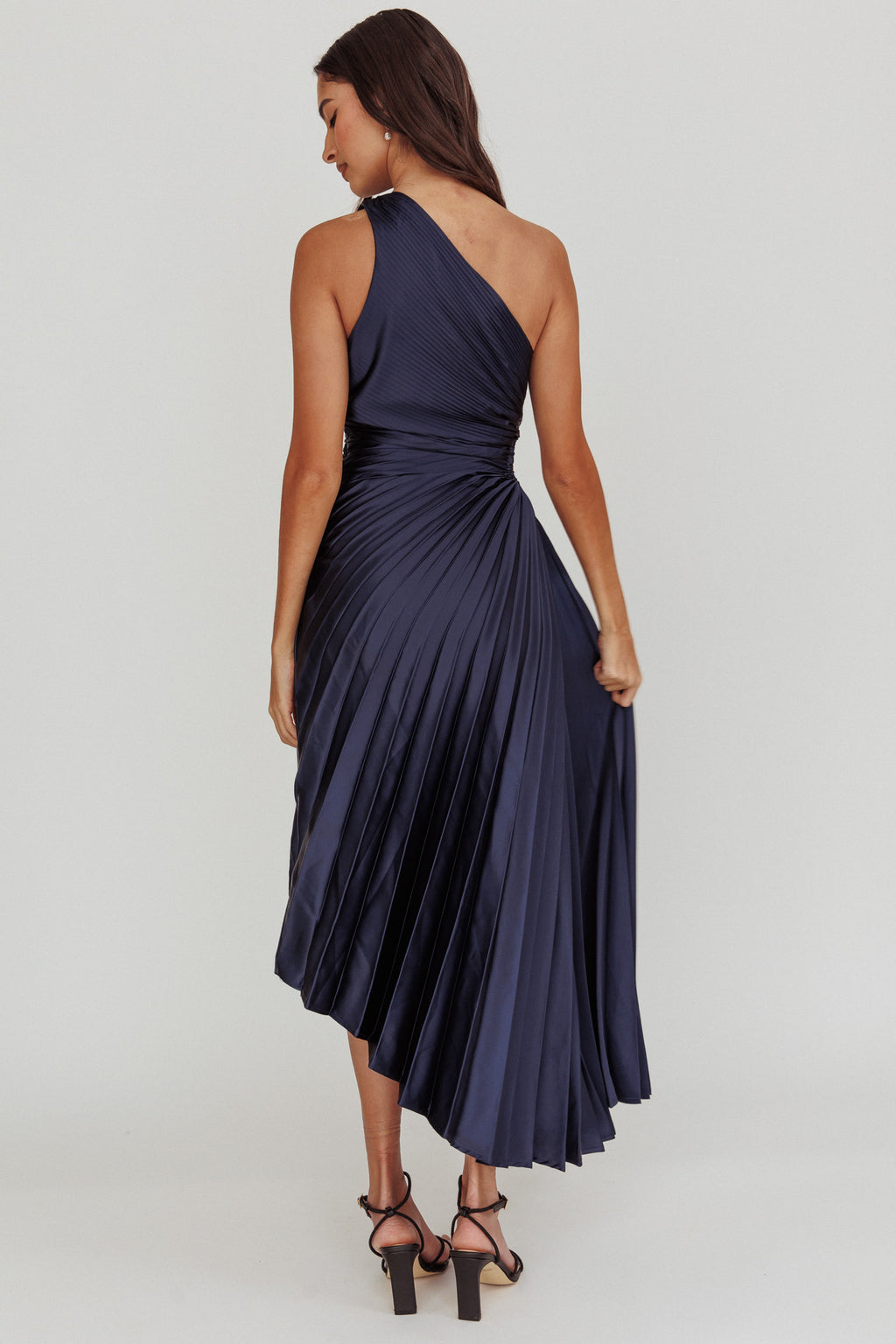 Brooklynn One-Shoulder Accordion Pleat Midi Dress Navy by Selfie Leslie Australia