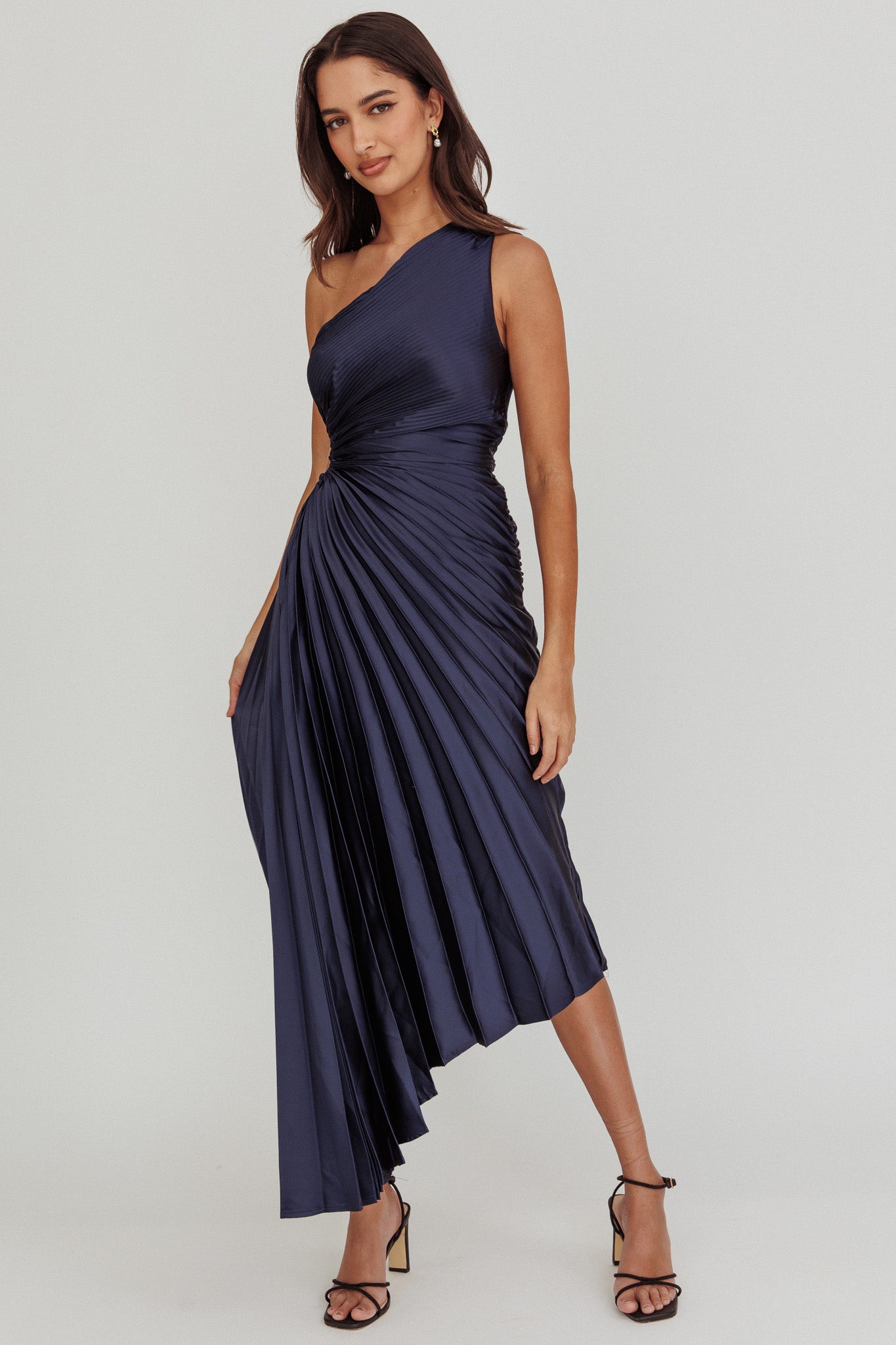 Brooklynn One-Shoulder Accordion Pleat Midi Dress Navy by Selfie Leslie Australia