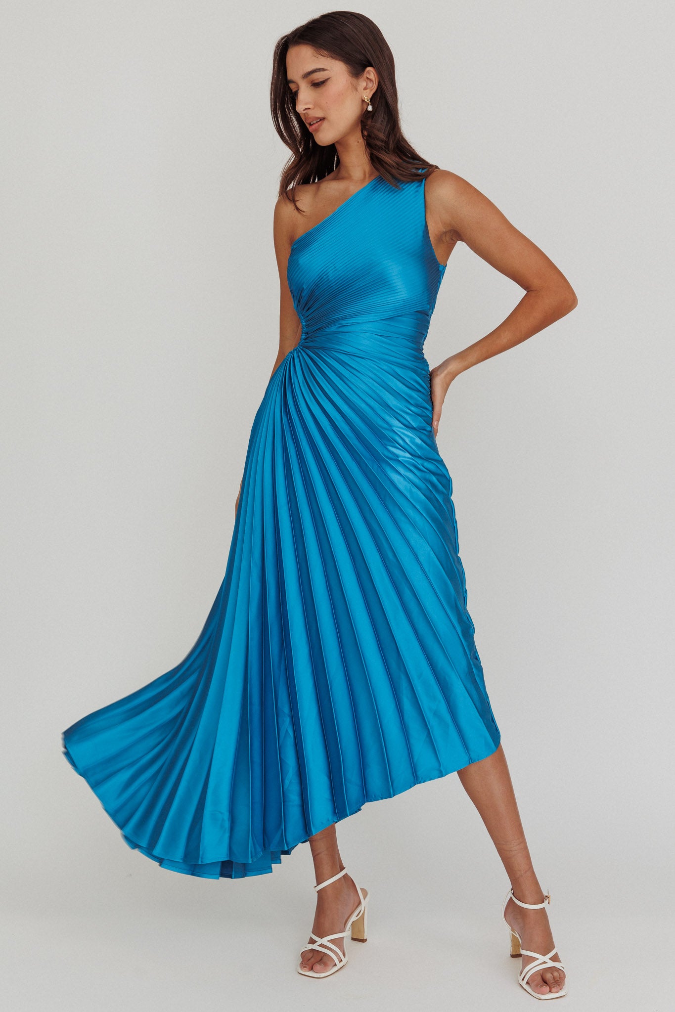 Brooklynn One-Shoulder Accordion Pleat Satin Midi Dress Teal by Selfie Leslie Australia