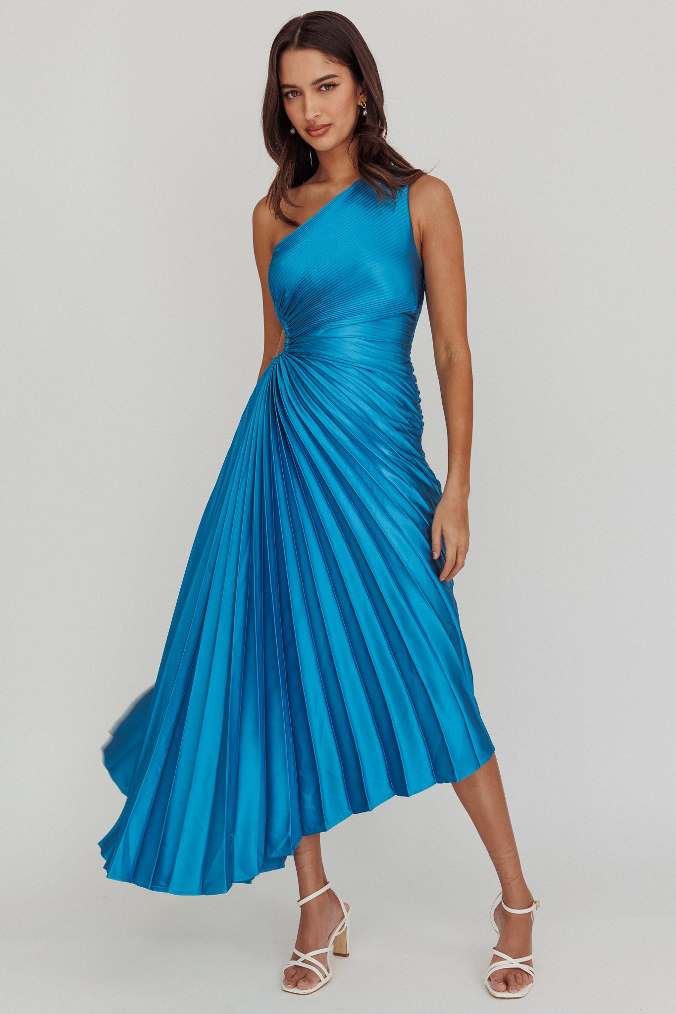 Brooklynn One-Shoulder Accordion Pleat Satin Midi Dress Teal by Selfie Leslie Australia
