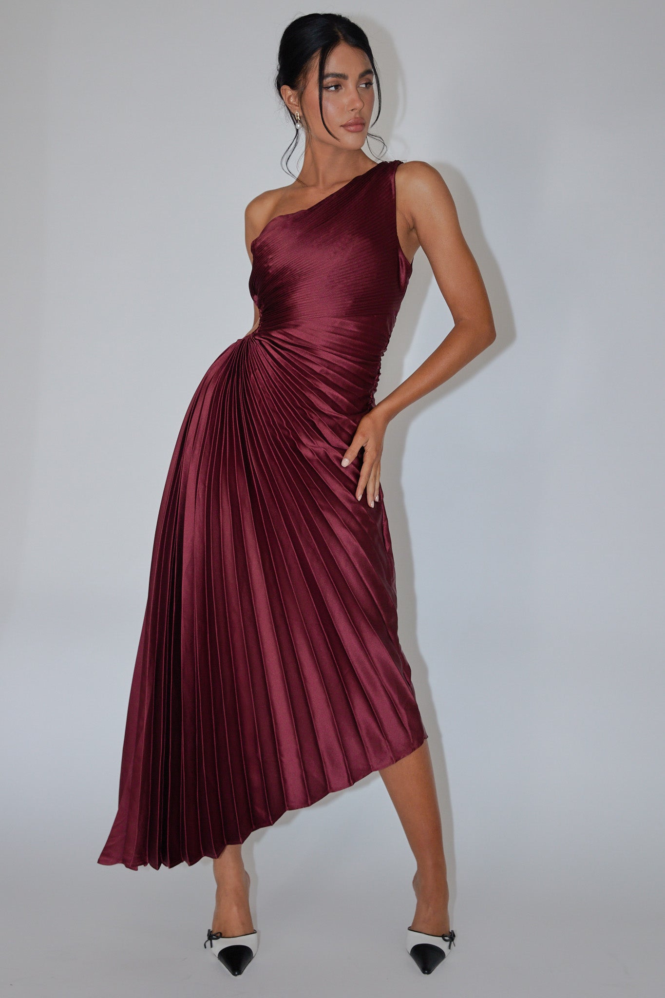 Brooklynn One-Shoulder Accordion Pleat Wine by Selfie Leslie Australia