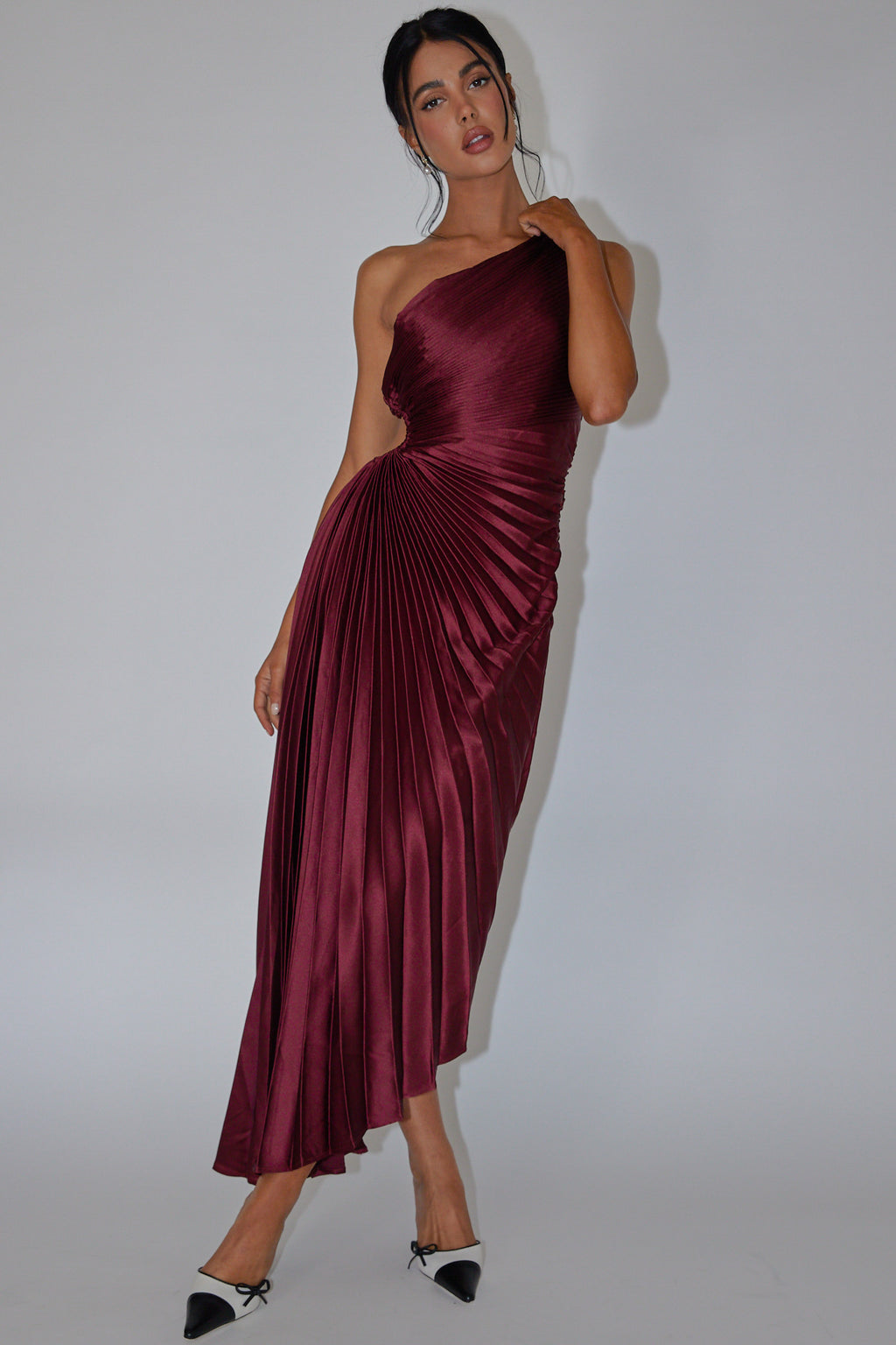 Brooklynn One-Shoulder Accordion Pleat Wine by Selfie Leslie Australia