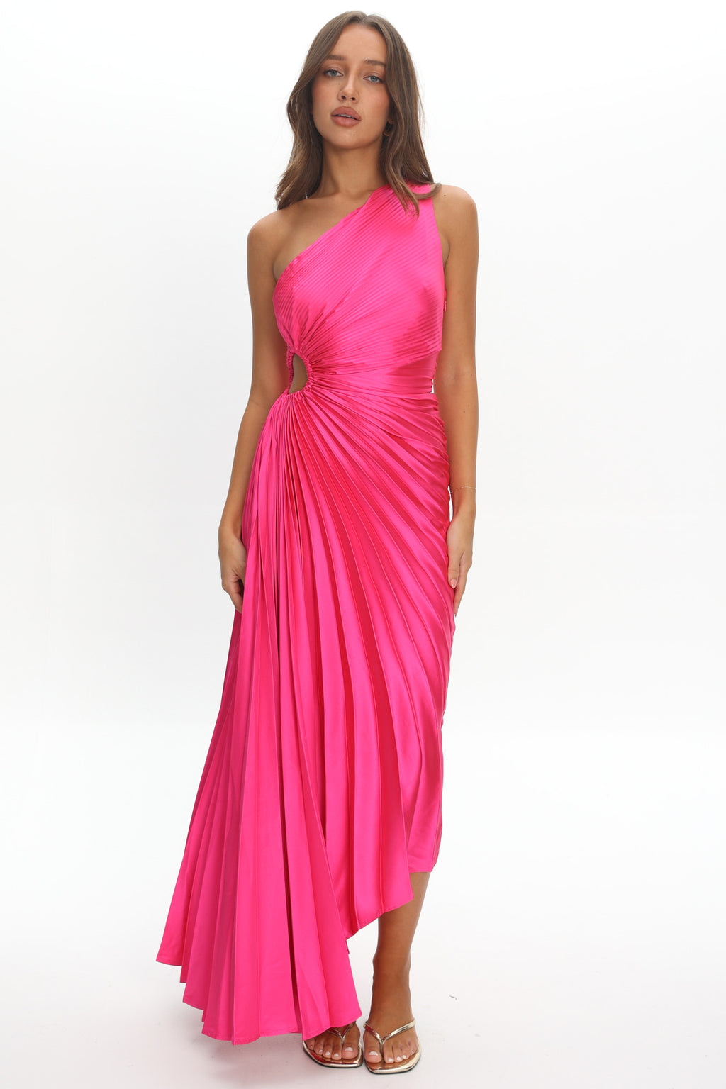 Brooklynn One-Shoulder Accordion Pleat Satin Midi Dress Fuchsia by Selfie Leslie Australia