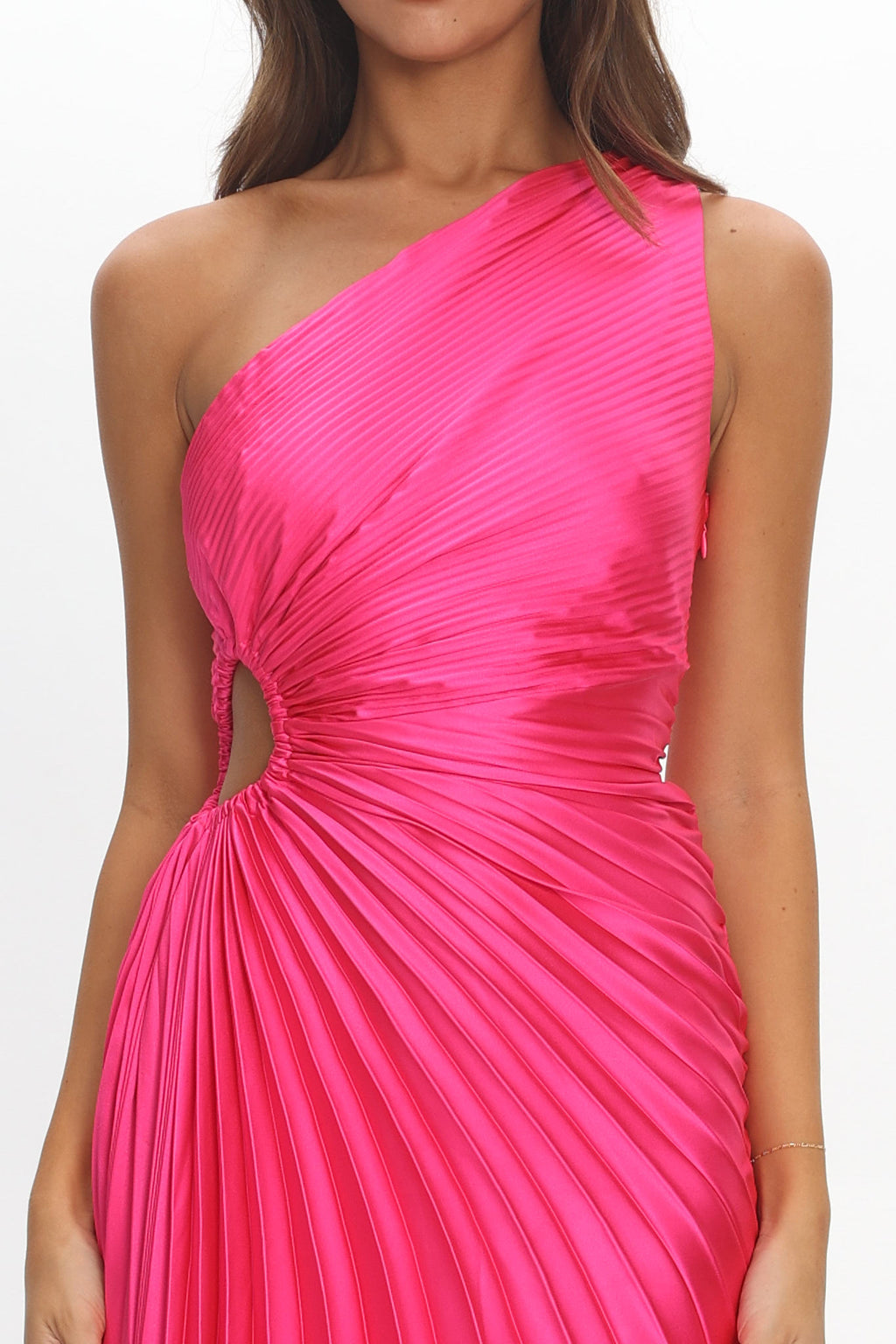 Brooklynn One-Shoulder Accordion Pleat Satin Midi Dress Fuchsia by Selfie Leslie Australia