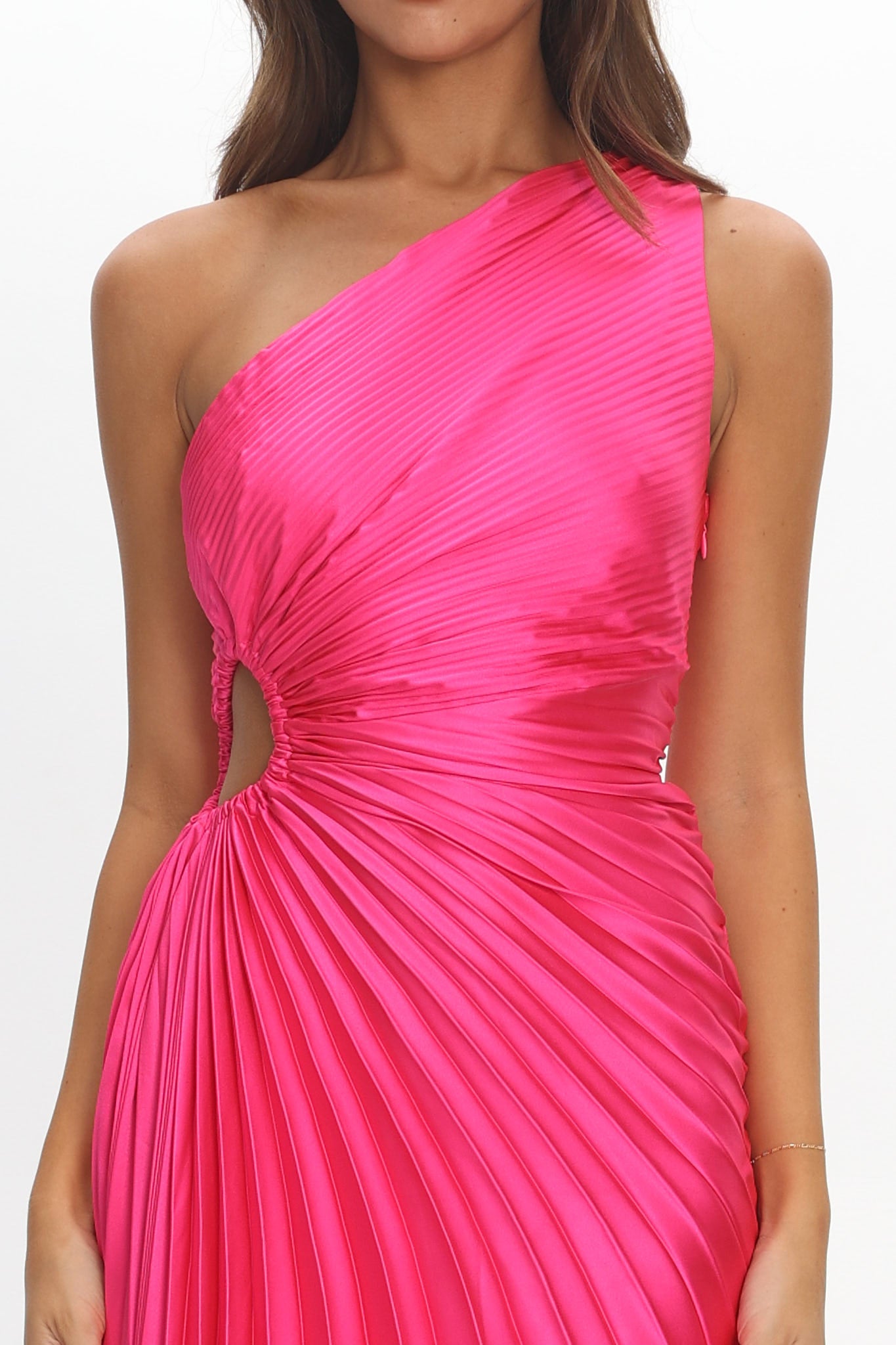 Brooklynn One-Shoulder Accordion Pleat Satin Midi Dress Fuchsia by Selfie Leslie Australia