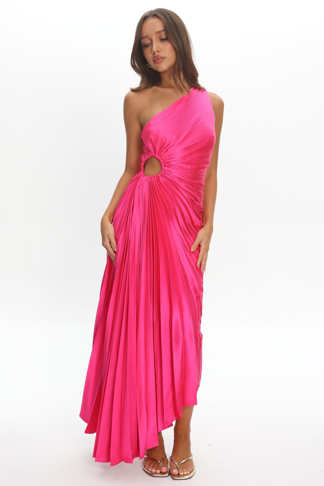 Brooklynn One-Shoulder Accordion Pleat Satin Midi Dress Fuchsia by Selfie Leslie Australia
