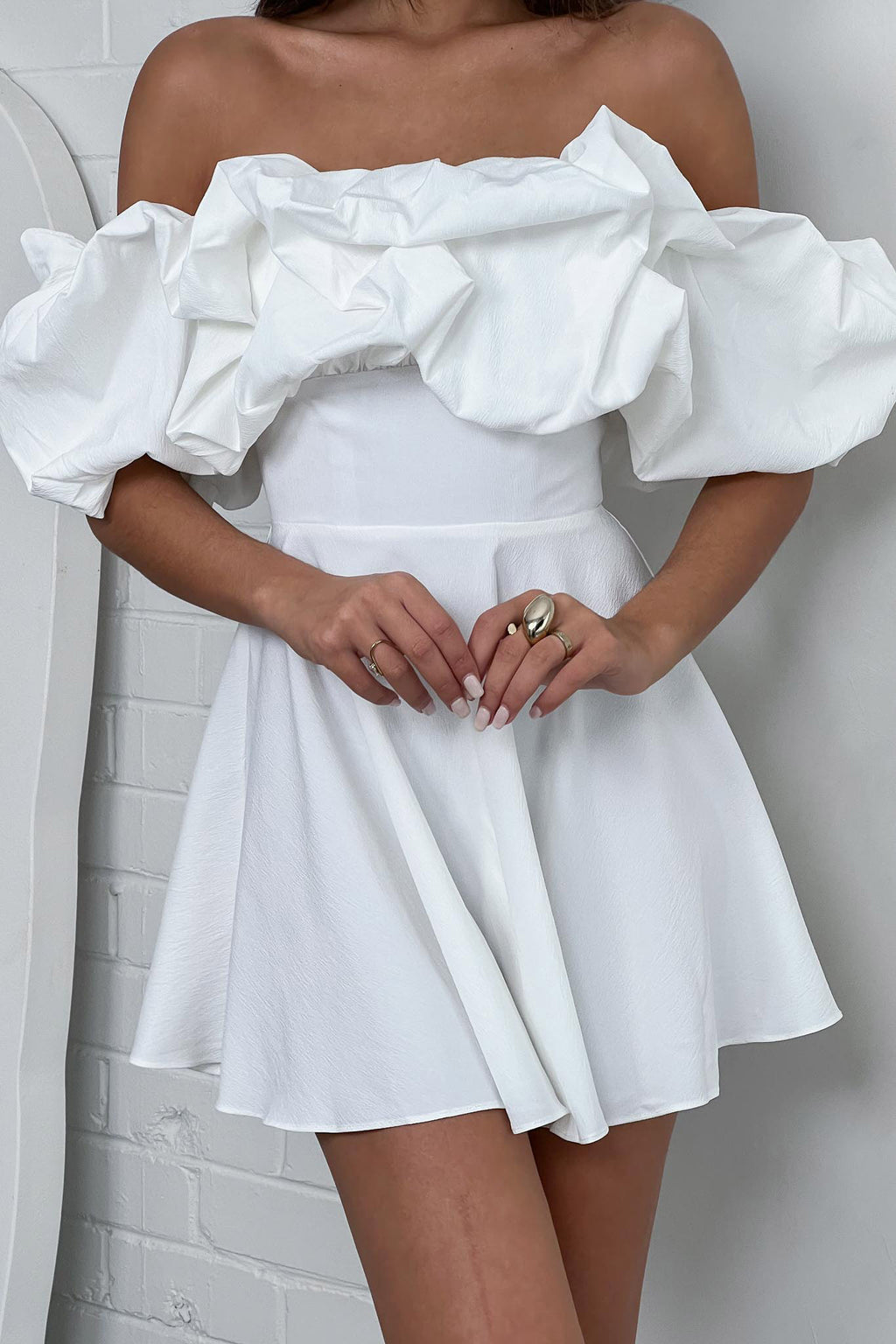 Kailynn Off-Shoulder A-Line Mini Dress White by Selfie Leslie Australia