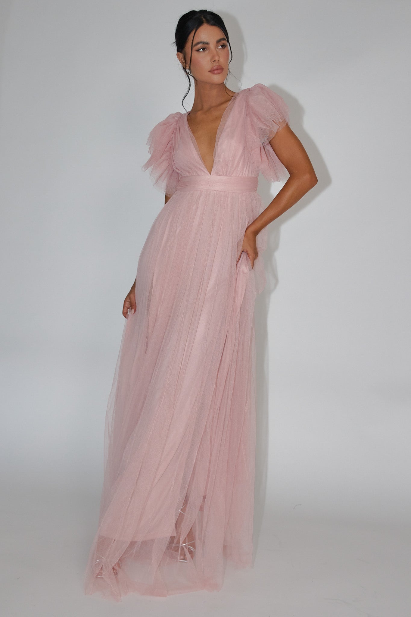 Heaven's Love Deep V-Neck Tulle Maxi Dress Blush by Selfie Leslie Australia