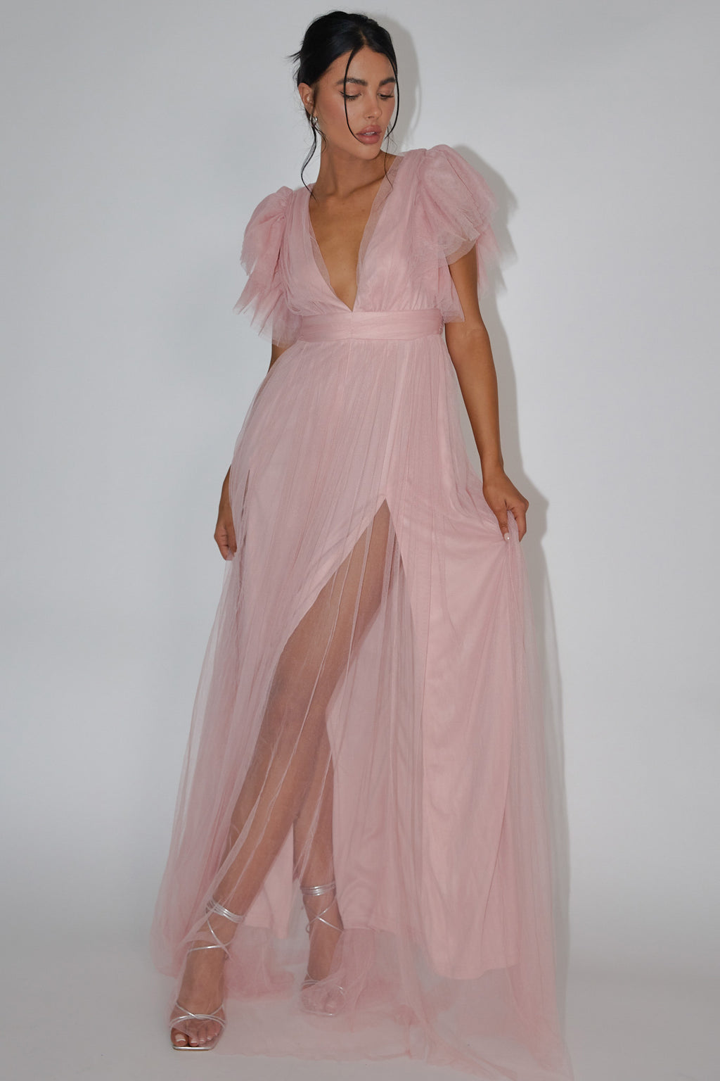 Heaven's Love Deep V-Neck Tulle Maxi Dress Blush by Selfie Leslie Australia