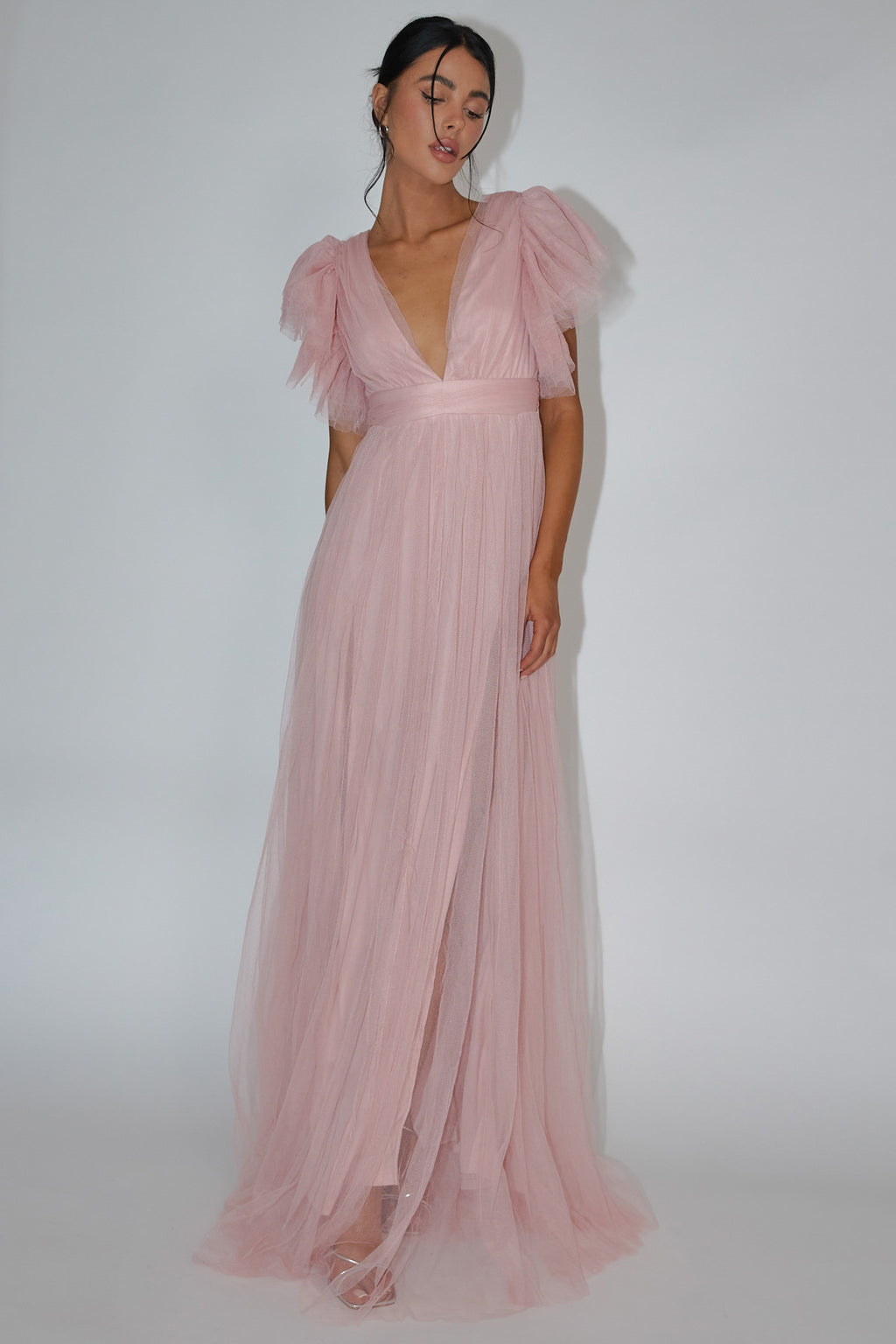 Heaven's Love Deep V-Neck Tulle Maxi Dress Blush by Selfie Leslie Australia