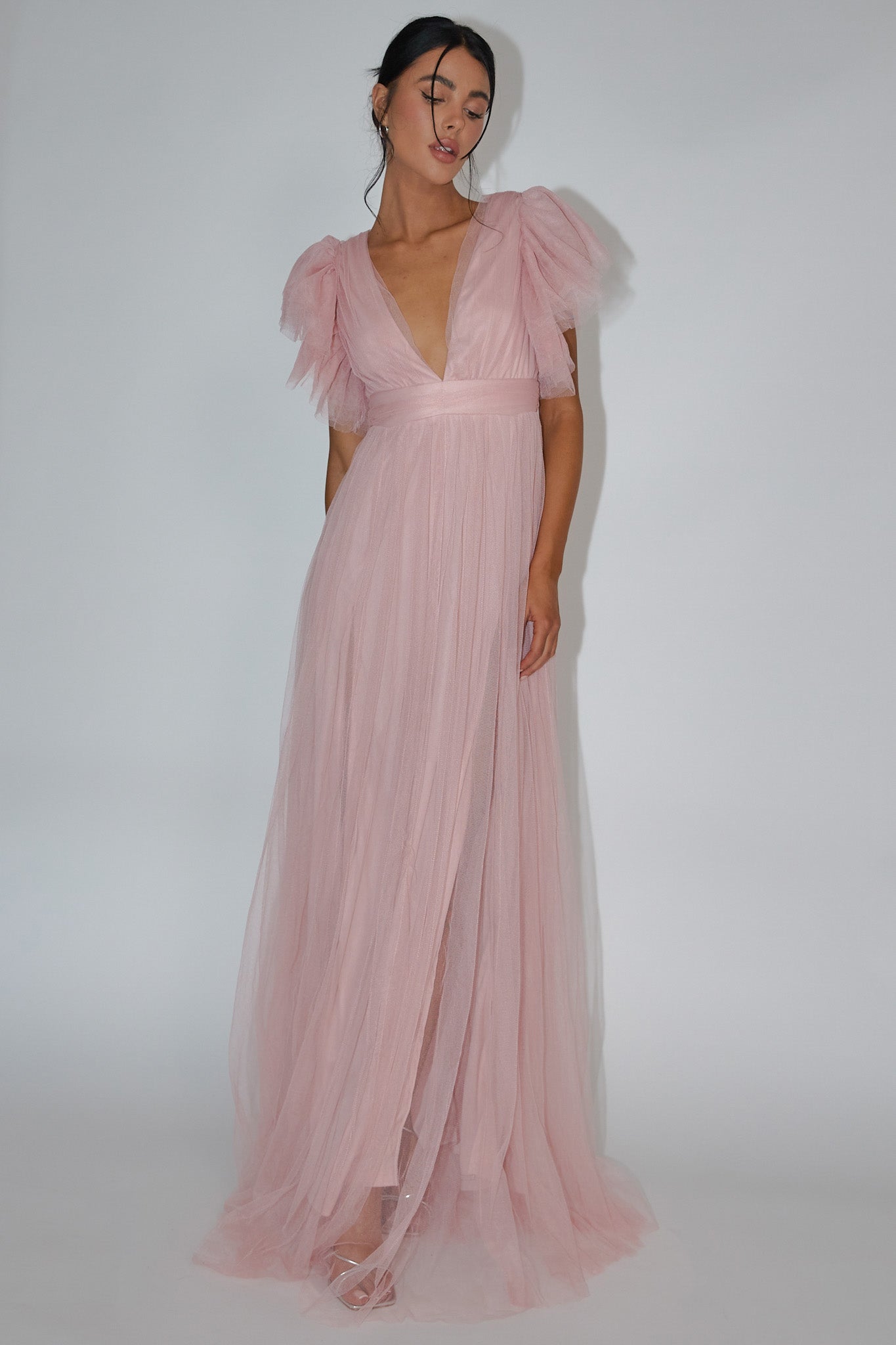 Heaven's Love Deep V-Neck Tulle Maxi Dress Blush by Selfie Leslie Australia