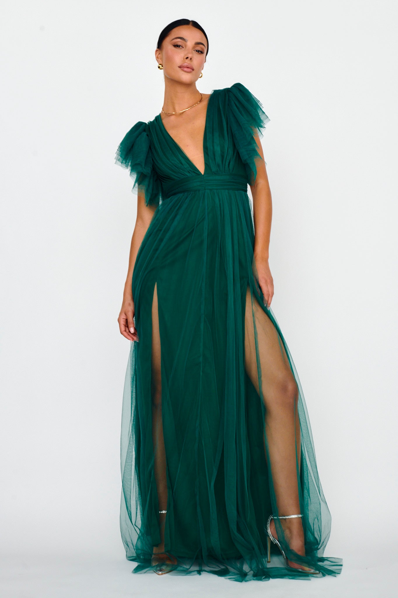 Heaven's Love Deep V-Neck Tulle Maxi Dress Hunter Green by Selfie Leslie Australia