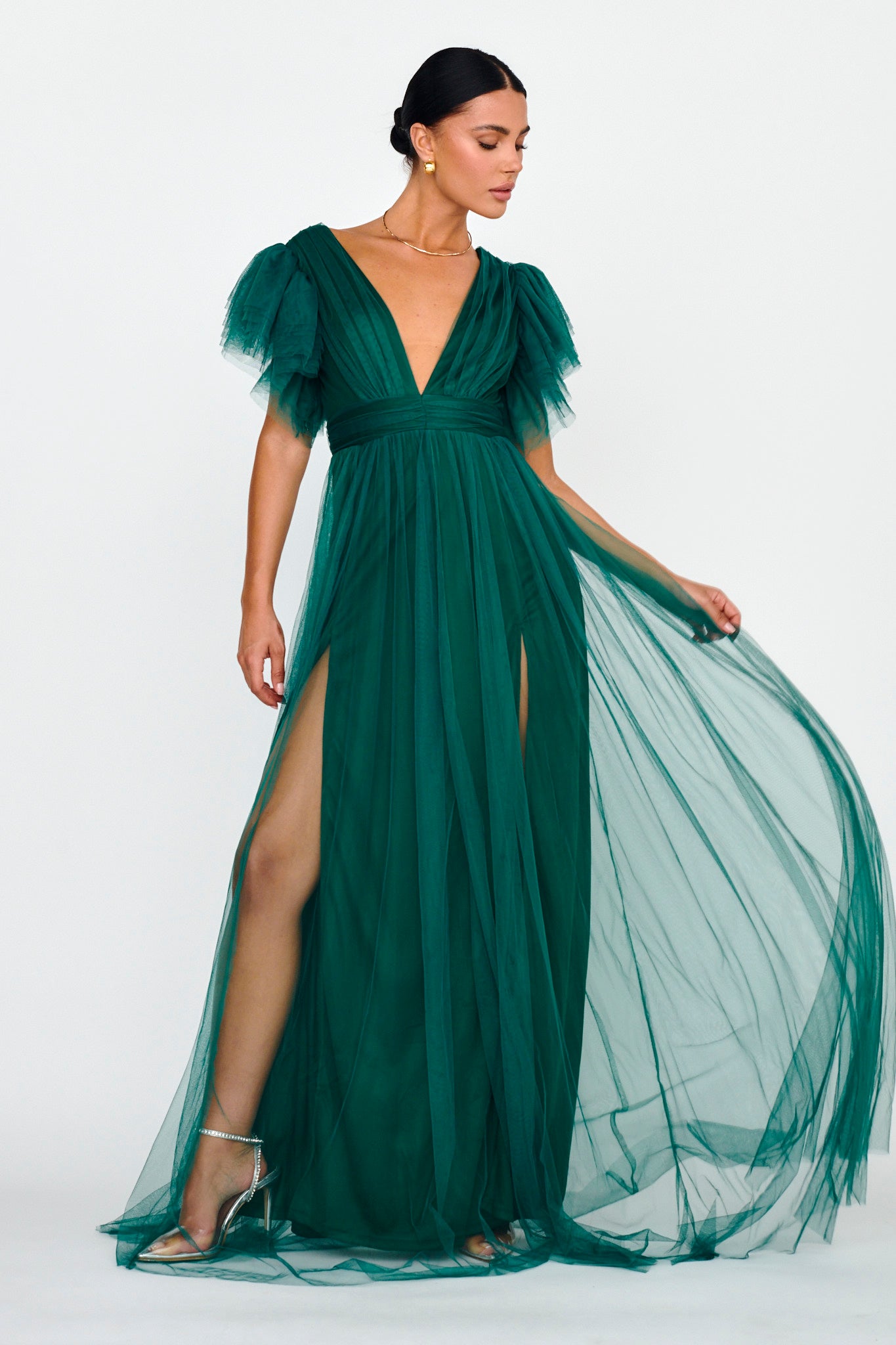 Heaven's Love Deep V-Neck Tulle Maxi Dress Hunter Green by Selfie Leslie Australia