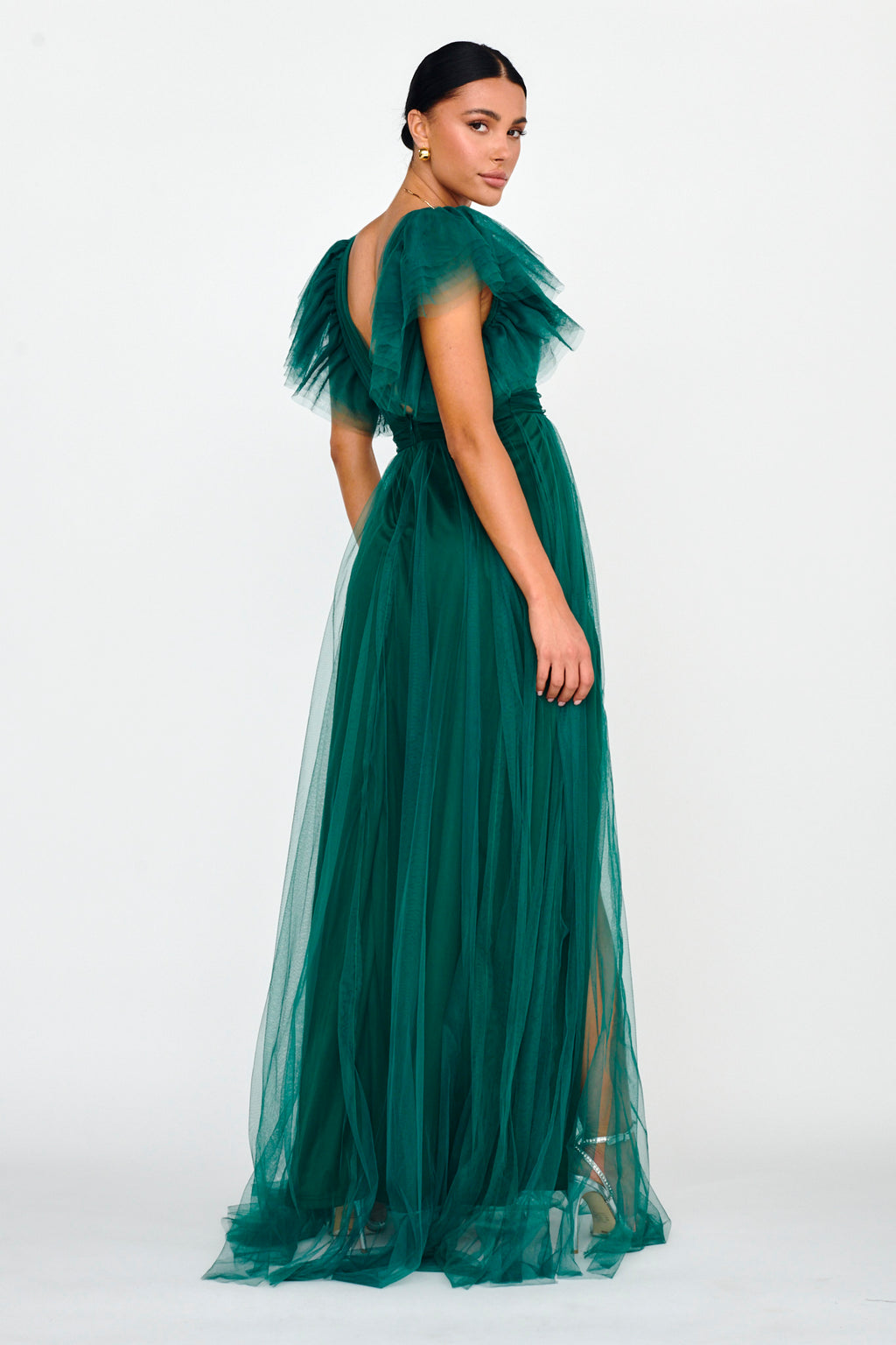 Heaven's Love Deep V-Neck Tulle Maxi Dress Hunter Green by Selfie Leslie Australia