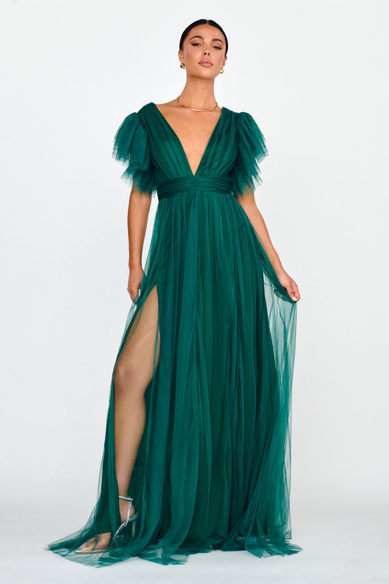 Heaven's Love Deep V-Neck Tulle Maxi Dress Hunter Green by Selfie Leslie Australia
