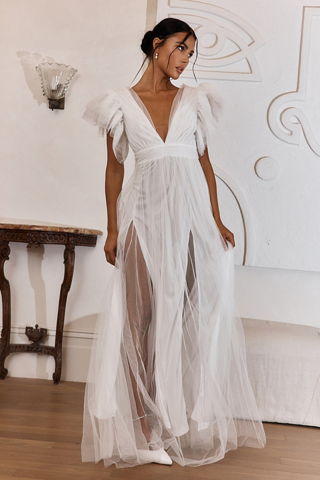 Heaven's Love Deep V-Neck Tulle Maxi Dress White by Selfie Leslie Australia
