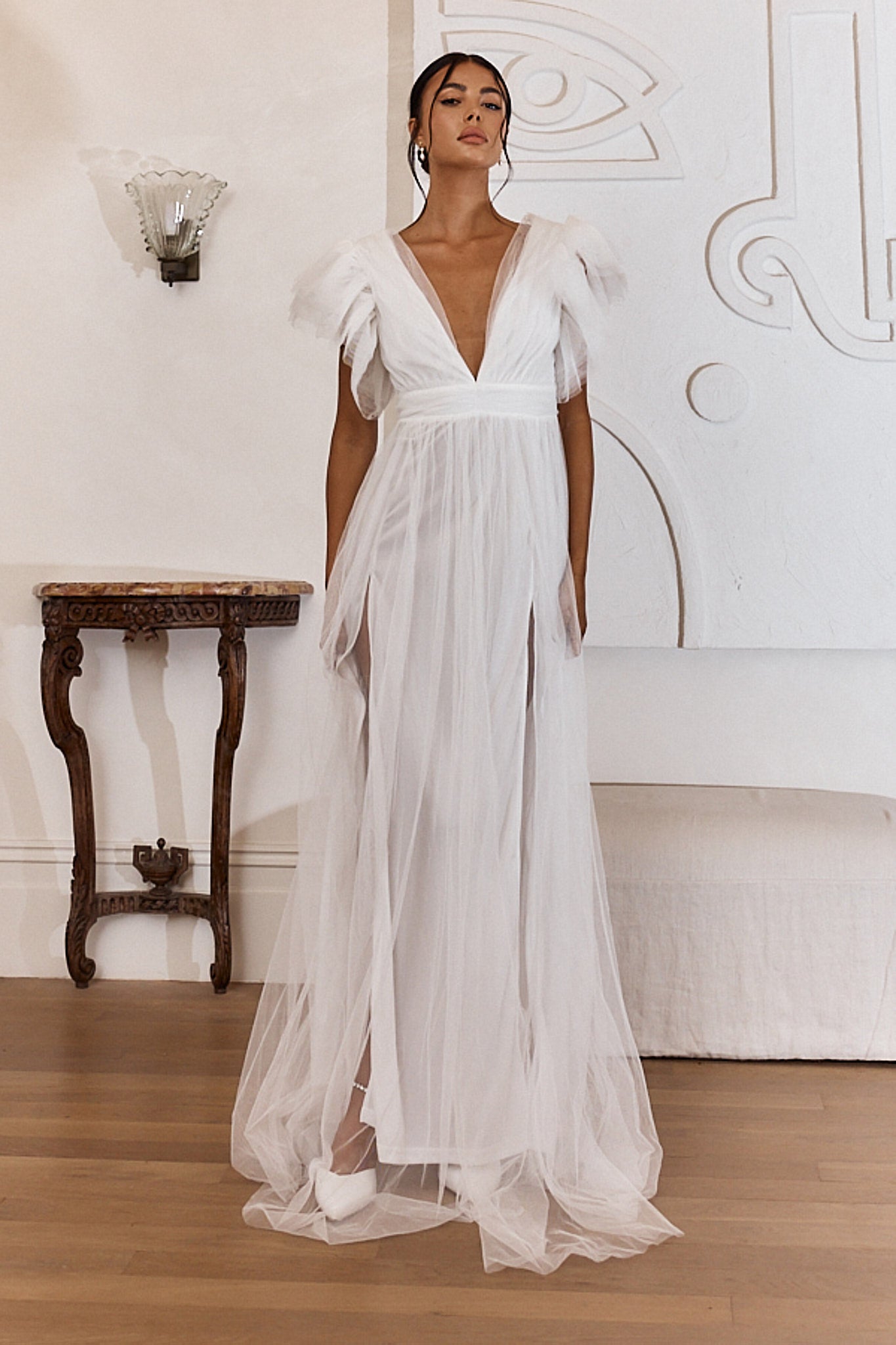 Heaven's Love Deep V-Neck Tulle Maxi Dress White by Selfie Leslie Australia