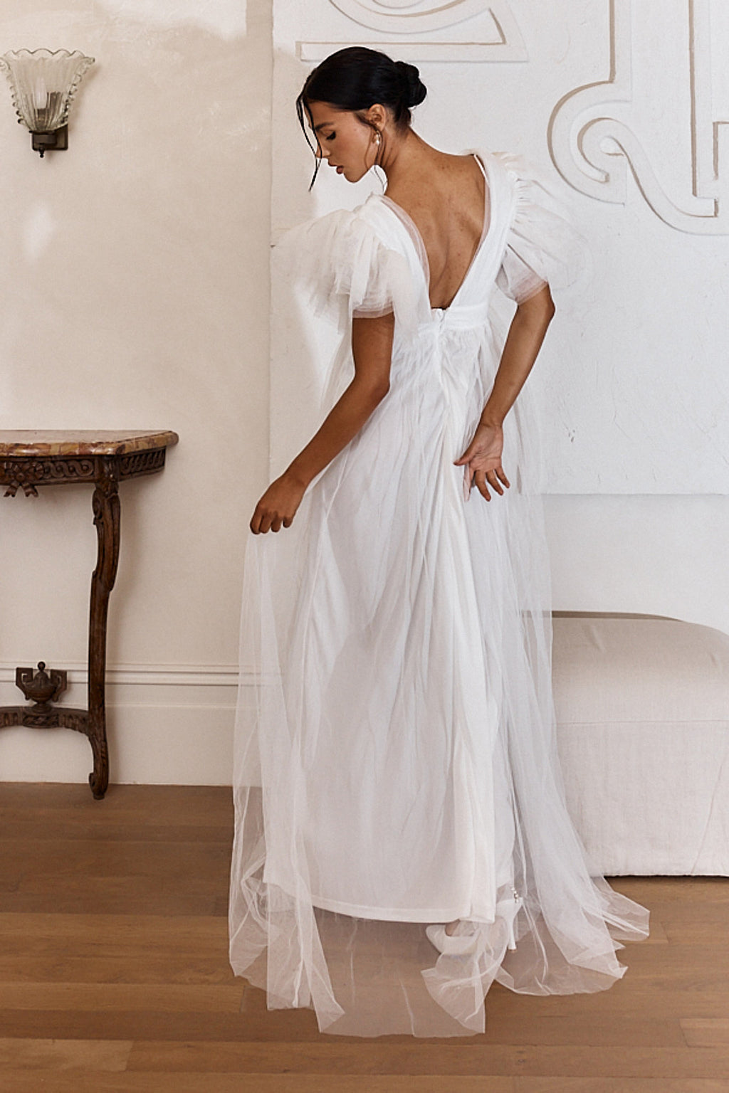 Heaven's Love Deep V-Neck Tulle Maxi Dress White by Selfie Leslie Australia