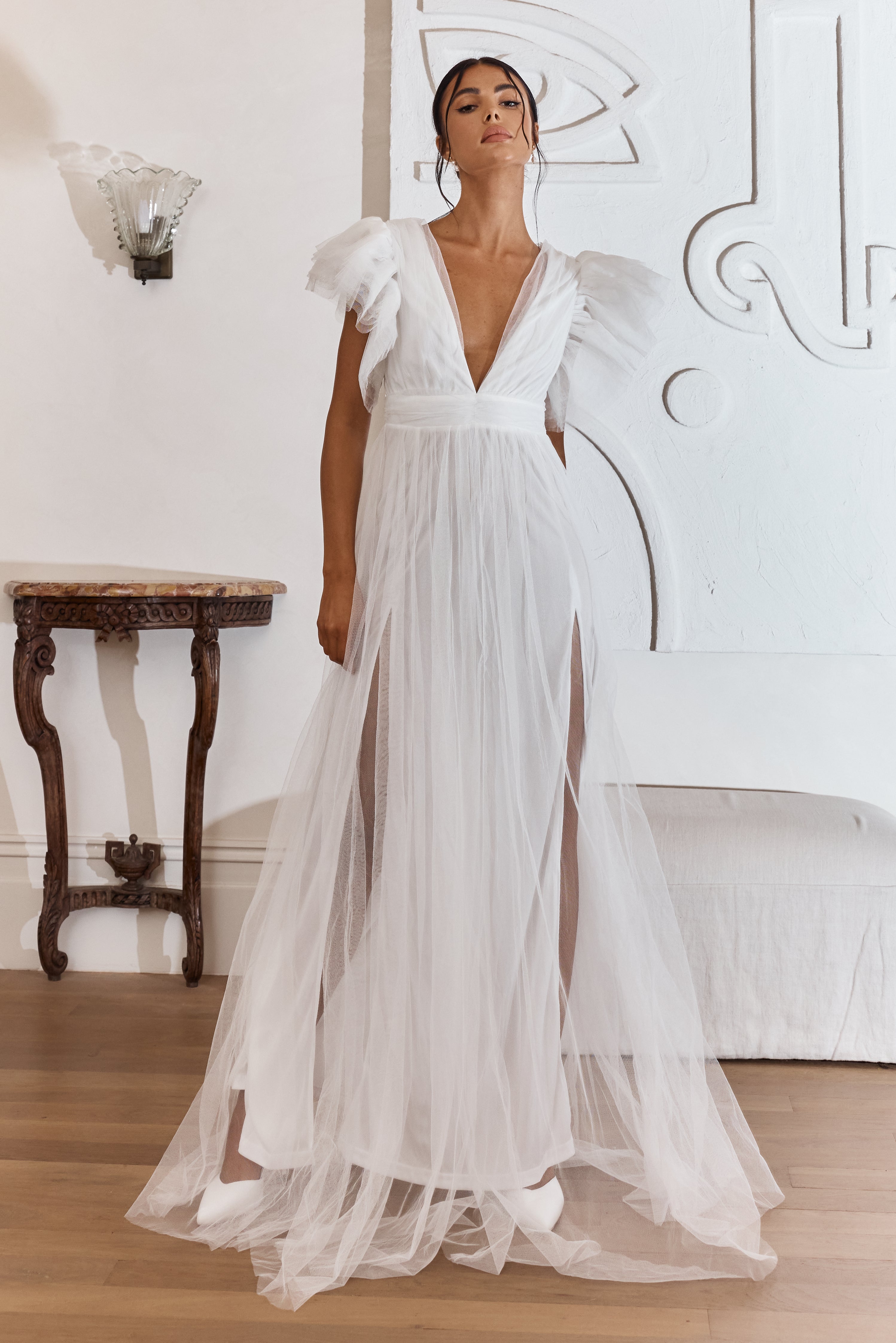 Heaven's Love Deep V-Neck Tulle Maxi Dress White by Selfie Leslie Australia