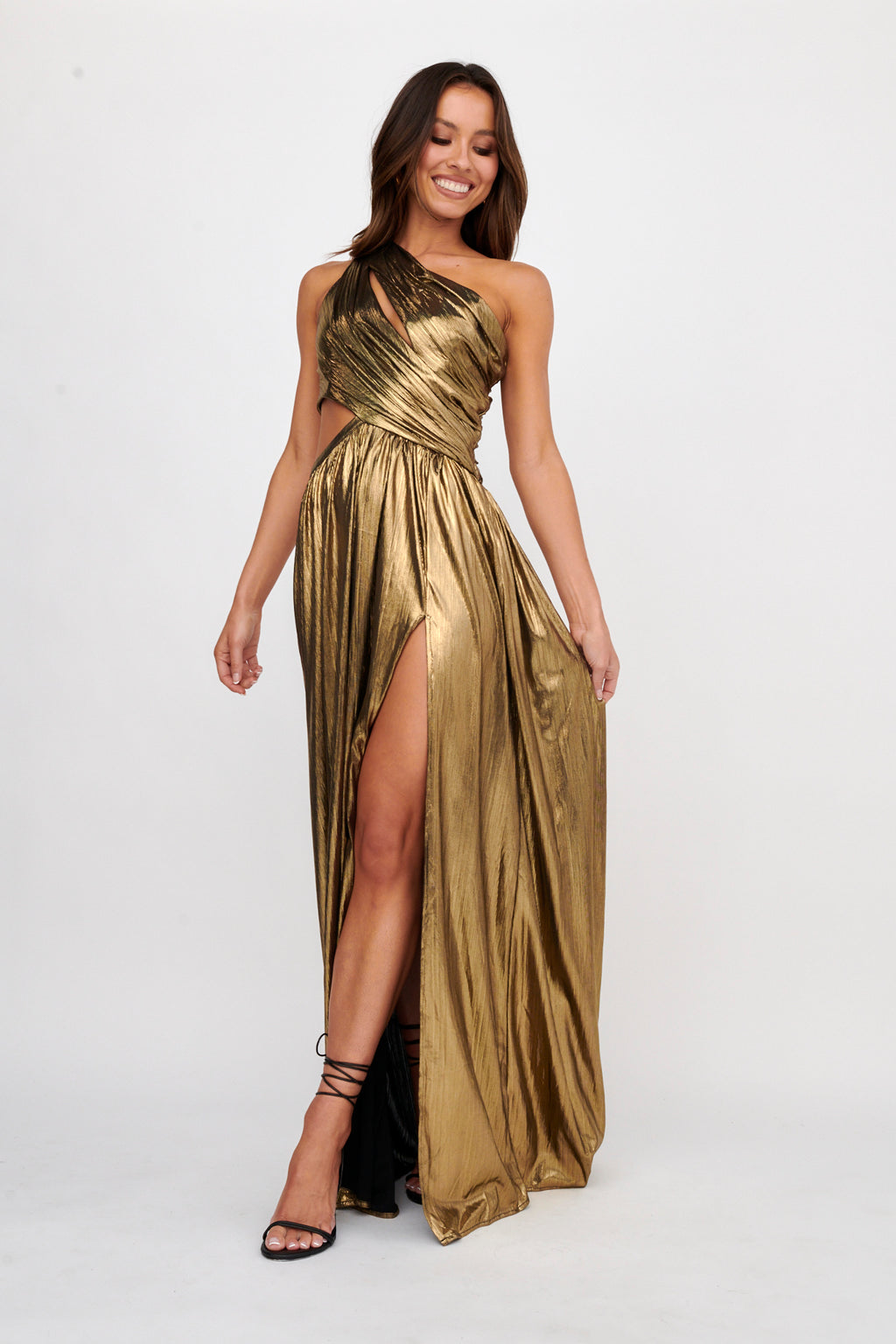 Fortuna One Shoulder Split Maxi Dress Black/Gold by Selfie Leslie Australia