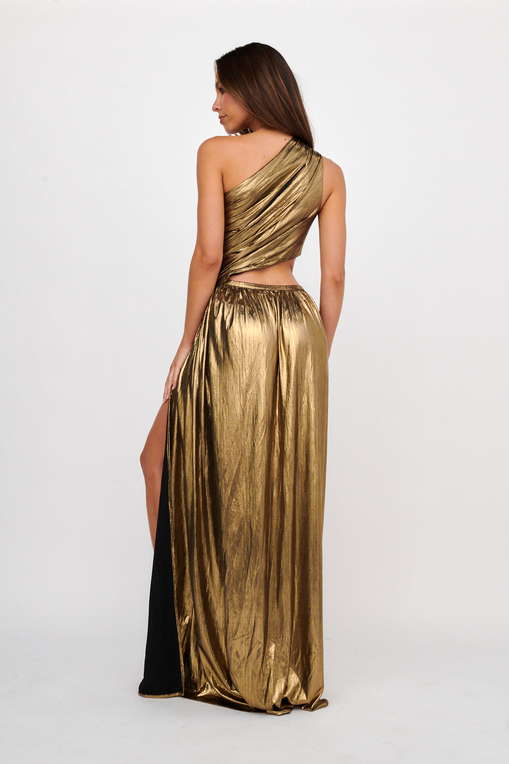 Fortuna One Shoulder Split Maxi Dress Black/Gold by Selfie Leslie Australia