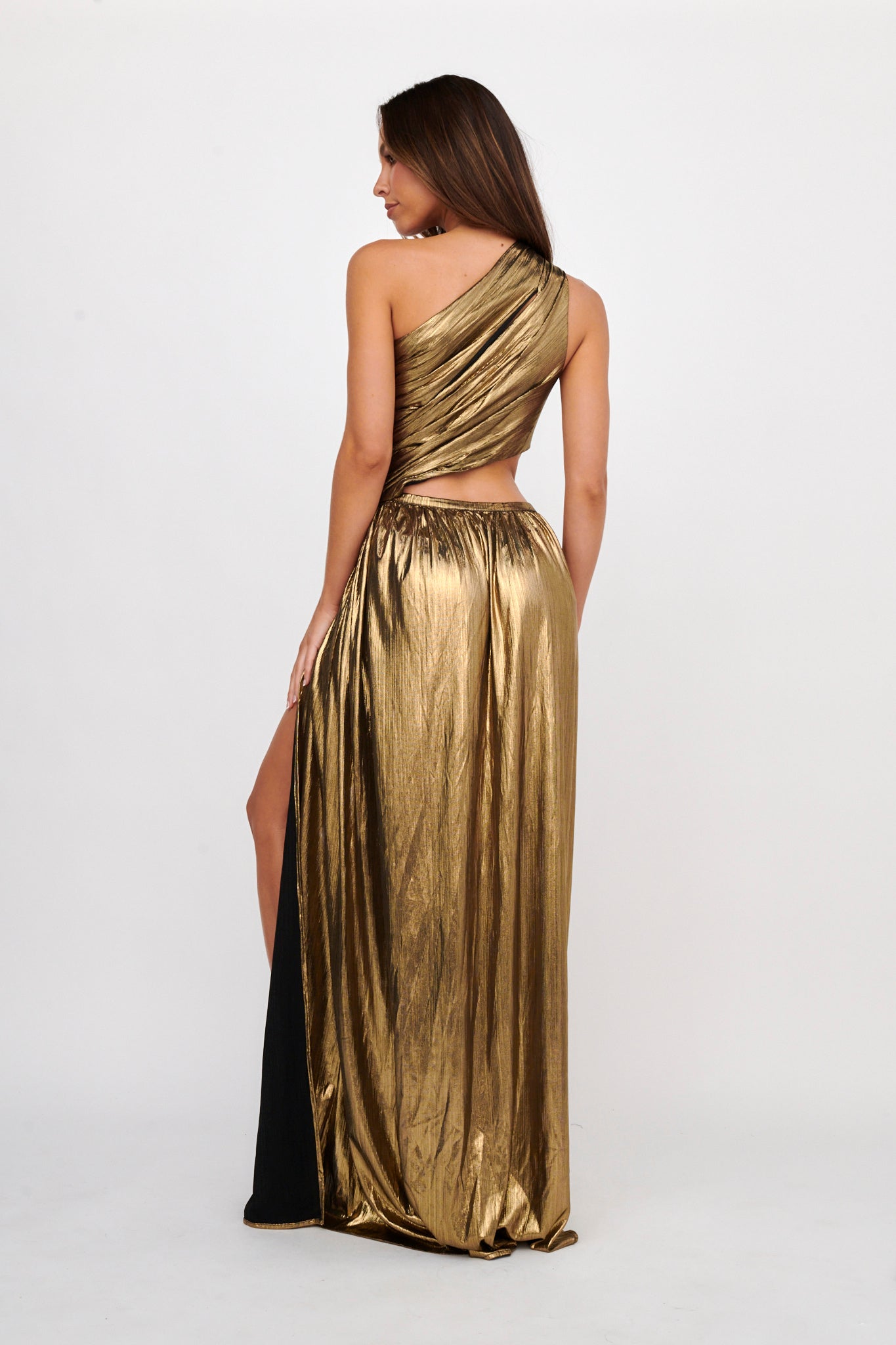 Fortuna One Shoulder Split Maxi Dress Black/Gold by Selfie Leslie Australia