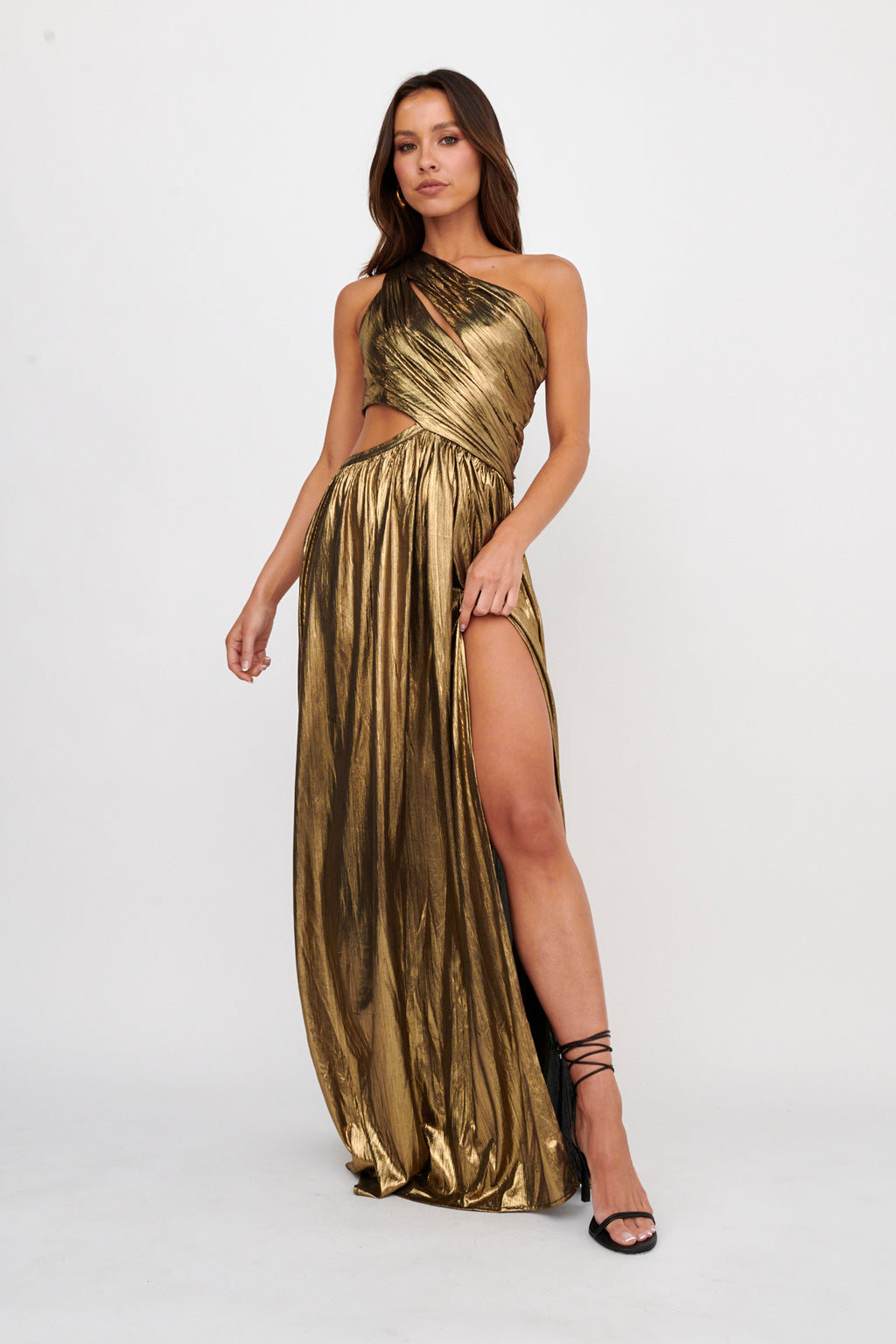 Fortuna One Shoulder Split Maxi Dress Black/Gold by Selfie Leslie Australia