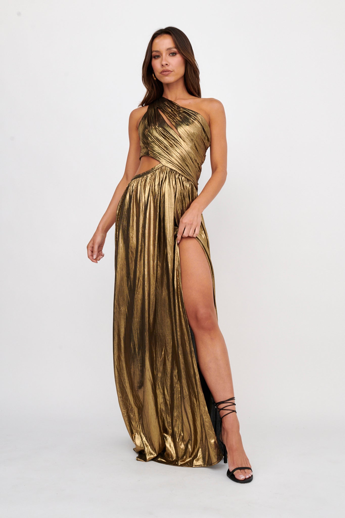Fortuna One Shoulder Split Maxi Dress Black/Gold by Selfie Leslie Australia